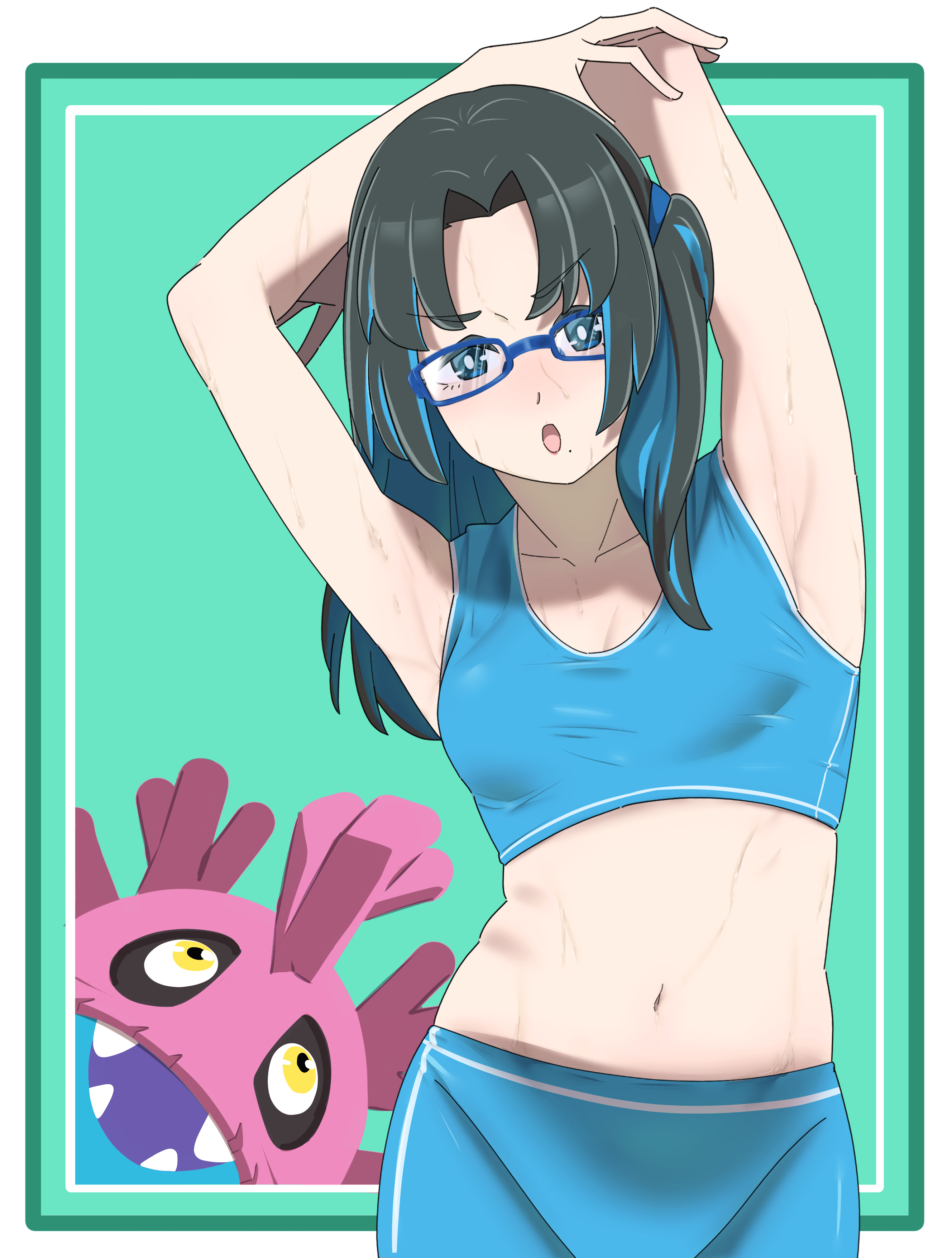 taira (tairamon), sangomon, digimon, digimon liberator, armpits, black hair, blue hair, glasses, looking at another, multicolored hair, yao qinglan, yellow eyes