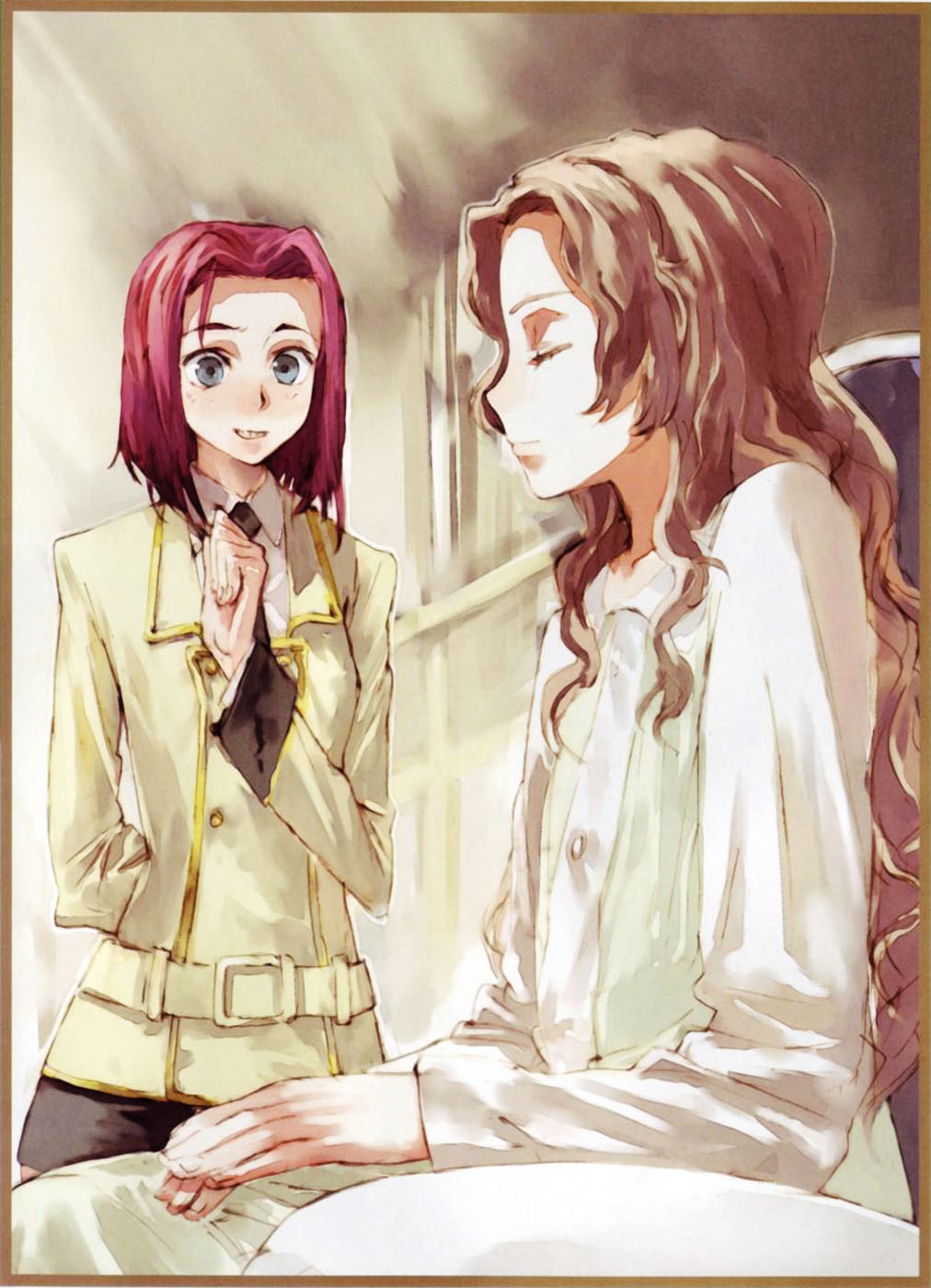 kouzuki kallen, nunnally vi britannia, code geass, highres, scan, 00s, 2girls, blue eyes, brown hair, long hair, multiple girls, red hair, school uniform, serafuku, short hair