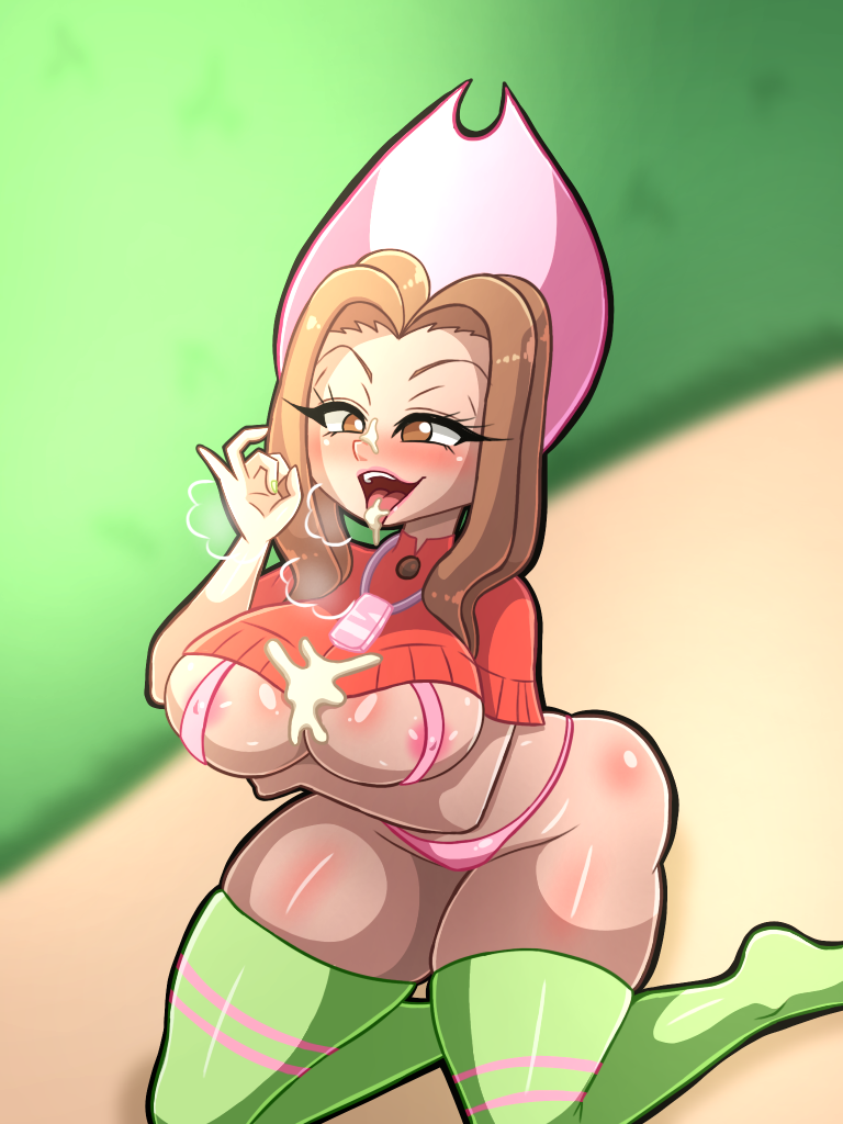 nonoka girls, tachikawa mimi, digimon, 1girl, after fellatio, blush, breasts, cum, fellatio gesture, hat