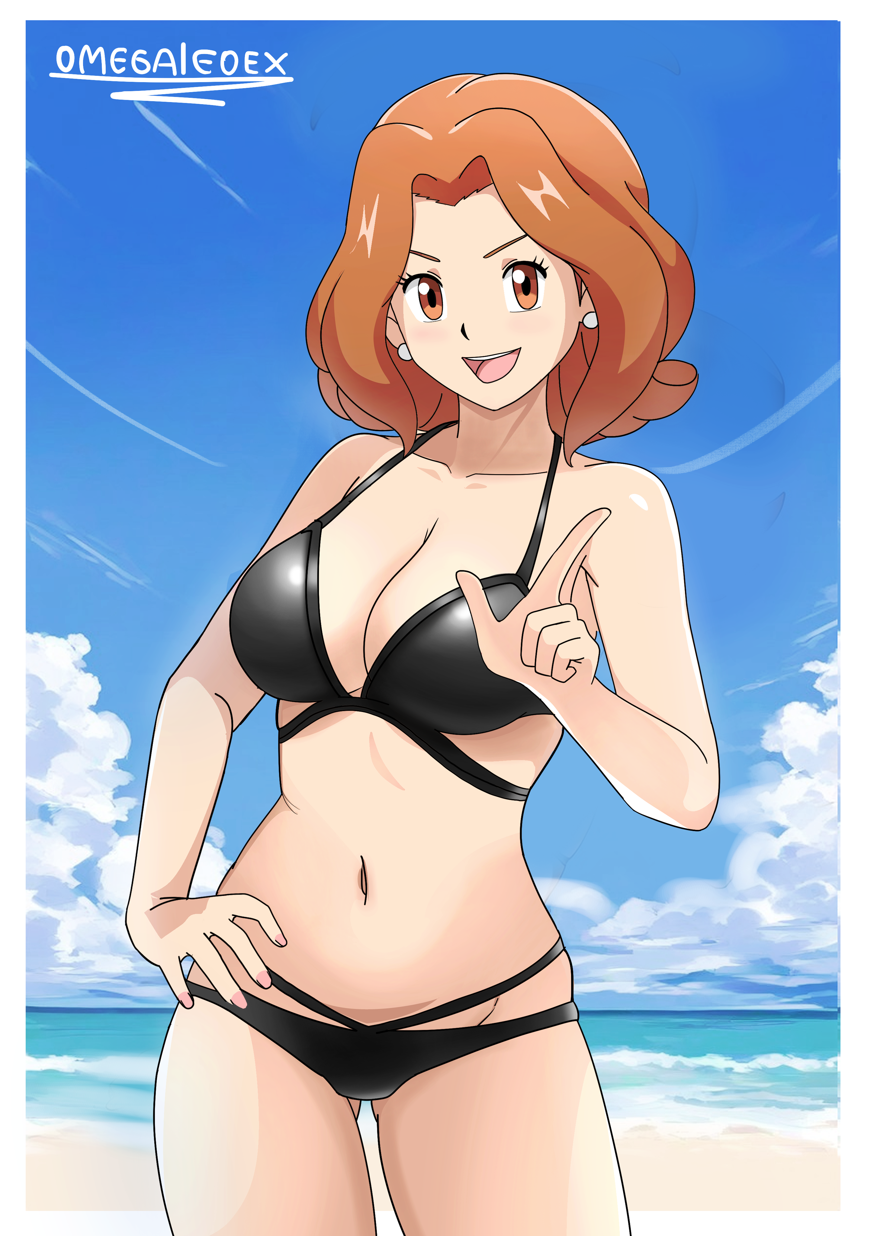 omegaleoex, tachikawa mimi, digimon, digimon adventure 02, 1girl, beach, bikini, breasts, looking at viewer, mature female, ocean, swimsuit