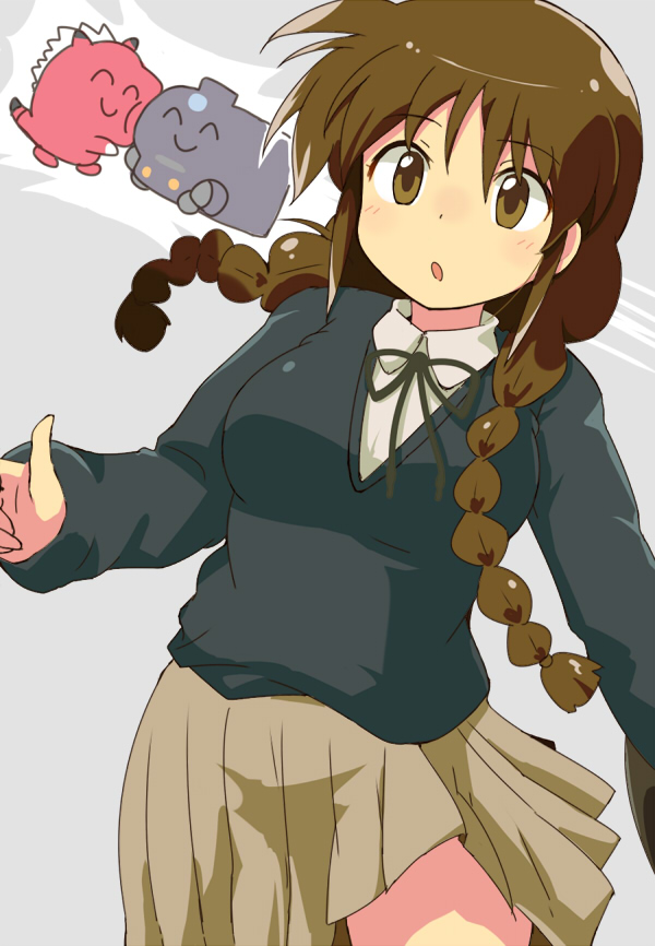 locomon, n36hoko, growmon, school girl (digimon tamers), digimon, digimon tamers, digimon tamers: boso digimon tokkyu, 1girl, blush, brown eyes, brown hair, digimon (creature), long hair, school uniform, skirt