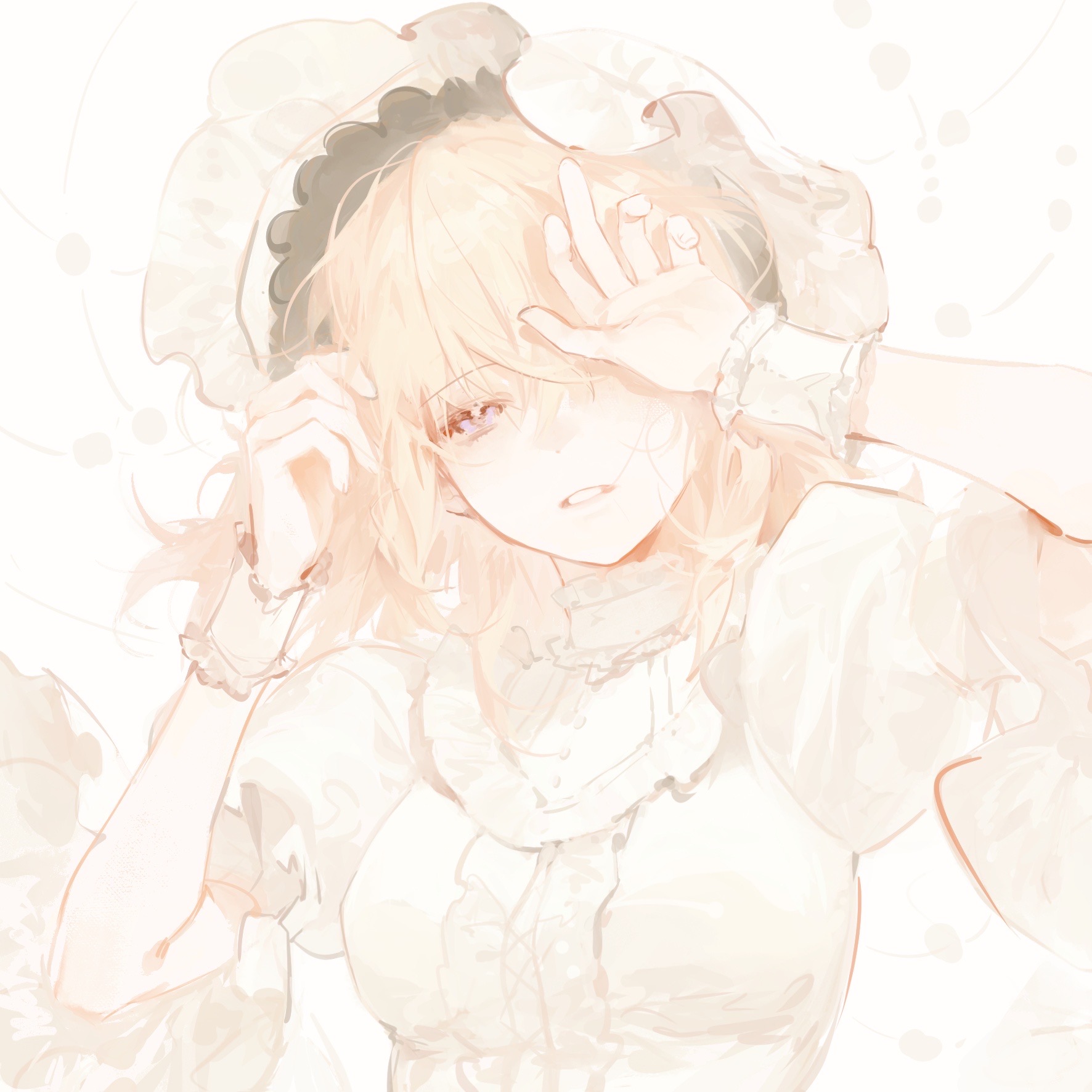 yeban bai, misumi uika, bang dream!, bang dream! it's mygo!!!!!, chinese commentary, commentary request, highres, 1girl, blonde hair, bonnet, breasts, covering one eye, dress, hands up, lolita fashion, medium breasts, medium hair, official alternate costume, parted lips, puffy short sleeves, puffy sleeves, purple eyes, short sleeves, solo, upper body, white bonnet, white dress, wrist cuffs