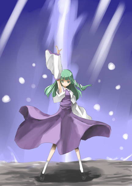 yohane, kochiya sanae, touhou, 1girl, detached sleeves, female focus, green eyes, green hair, solo, standing
