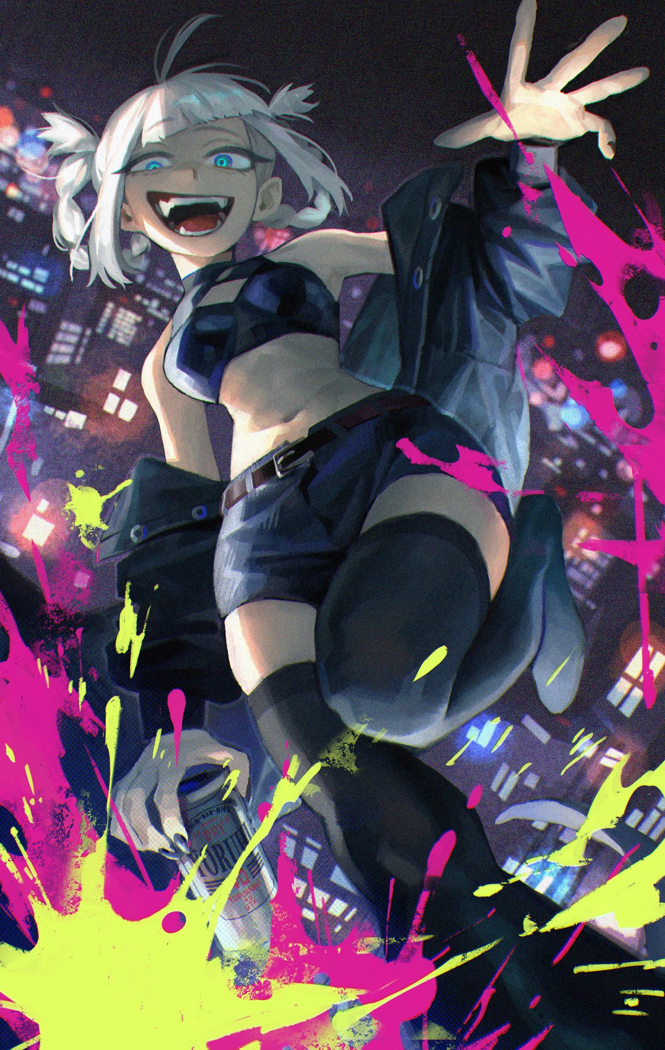 kusa kabura, nanakusa nazuna (yofukashi no uta), yofukashi no uta, commentary request, highres, 1girl, bare shoulders, belt, black belt, black boots, black shorts, blue eyes, boots, braid, braided hair rings, breasts, can, clothes down, crop top, fangs, hair rings, holding, holding can, looking at viewer, midriff, navel, night, night sky, open mouth, pink hair, shorts, sky, small breasts, smile, solo, teeth, thigh boots