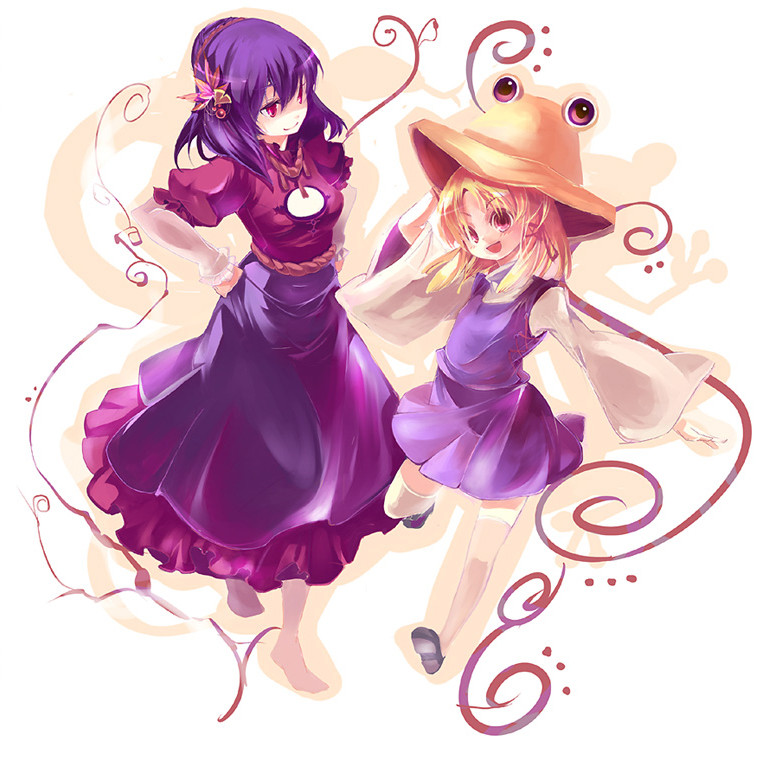 cis (carcharias), moriya suwako, yasaka kanako, touhou, bad id, bad pixiv id, painttool sai (medium), 2girls, blonde hair, breasts, female focus, hat, multiple girls, purple hair, red eyes, skirt, white background