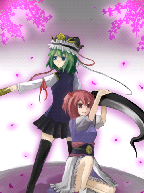 kame, onozuka komachi, shiki eiki, touhou, bad id, bad pixiv id, 2girls, blue eyes, cherry blossoms, female focus, flower, green hair, kneeling, multiple girls, pink eyes, pink hair, plant, rod of remorse, scythe, standing, thighhighs