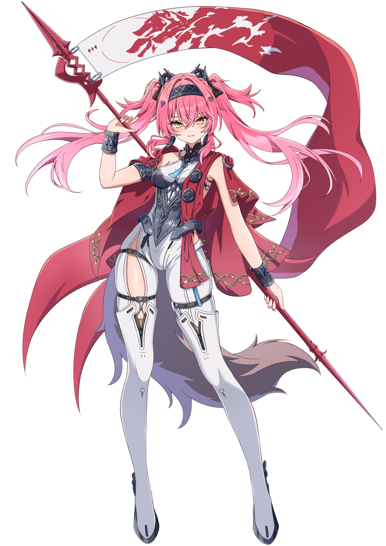 synn032, lupa (wuthering waves), wuthering waves, commentary, highres, 1girl, armlet, armor, black bow, bodysuit, boots, bow, breastplate, breasts, cape, collar, earrings, full body, hair between eyes, hair bow, hairband, headgear, holding, holding polearm, holding weapon, jewelry, looking at viewer, medium breasts, metal collar, metal hairband, multiple hair bows, parted lips, pink hair, polearm, red cape, red pupils, simple background, smile, solo, tail, thigh boots, twintails, weapon, white background, white bodysuit, white boots, wolf tail, wrist guards, yellow eyes
