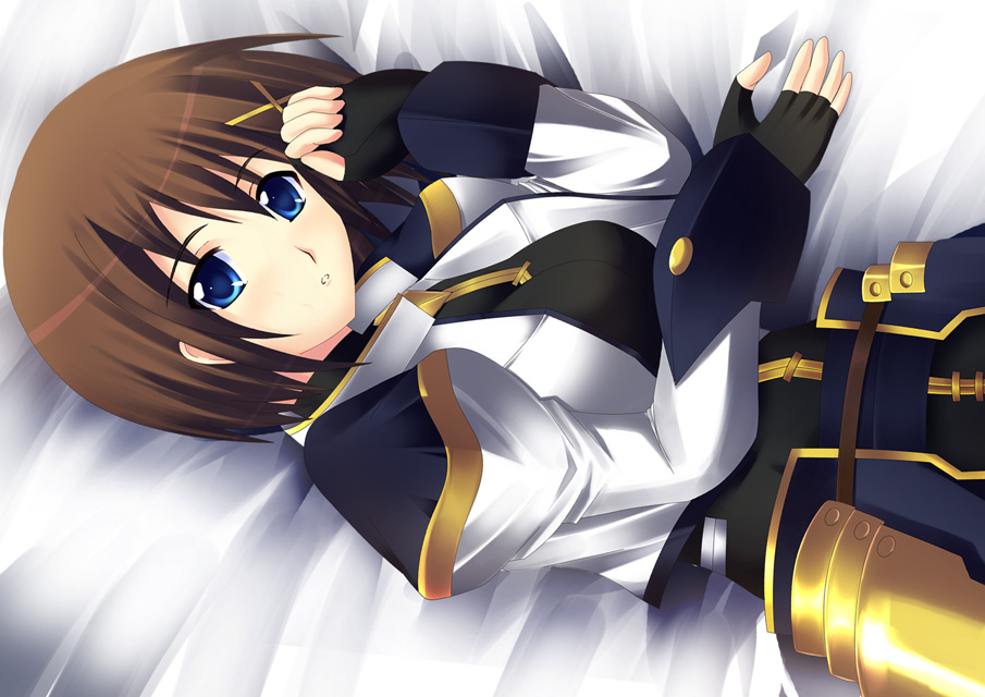 kuronezumi, yagami hayate, lyrical nanoha, mahou shoujo lyrical nanoha, mahou shoujo lyrical nanoha strikers, 00s, 1girl, armor, armored dress, black gloves, blue eyes, brown hair, dress, female focus, fingerless gloves, gloves, hair ornament, long sleeves, short hair, solo, x hair ornament