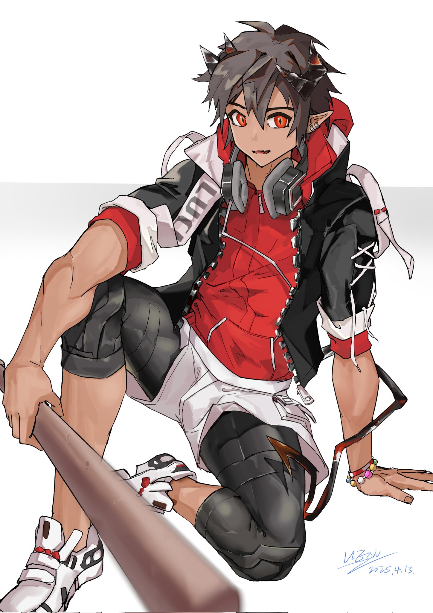 odda (arknights), odda (candy strike) (arknights), arknights, highres, 1boy, baseball bat, black jacket, black leggings, demon boy, demon horns, demon tail, earphones around neck, earrings, holding, holding baseball bat, hood, hooded shirt, hoodie, horns, jacket, jewelry, leggings, male focus, red eyes, red hoodie, shoes, short hair, shorts, smile, tail, ueon 921layers, watermark, white shoes, white shorts