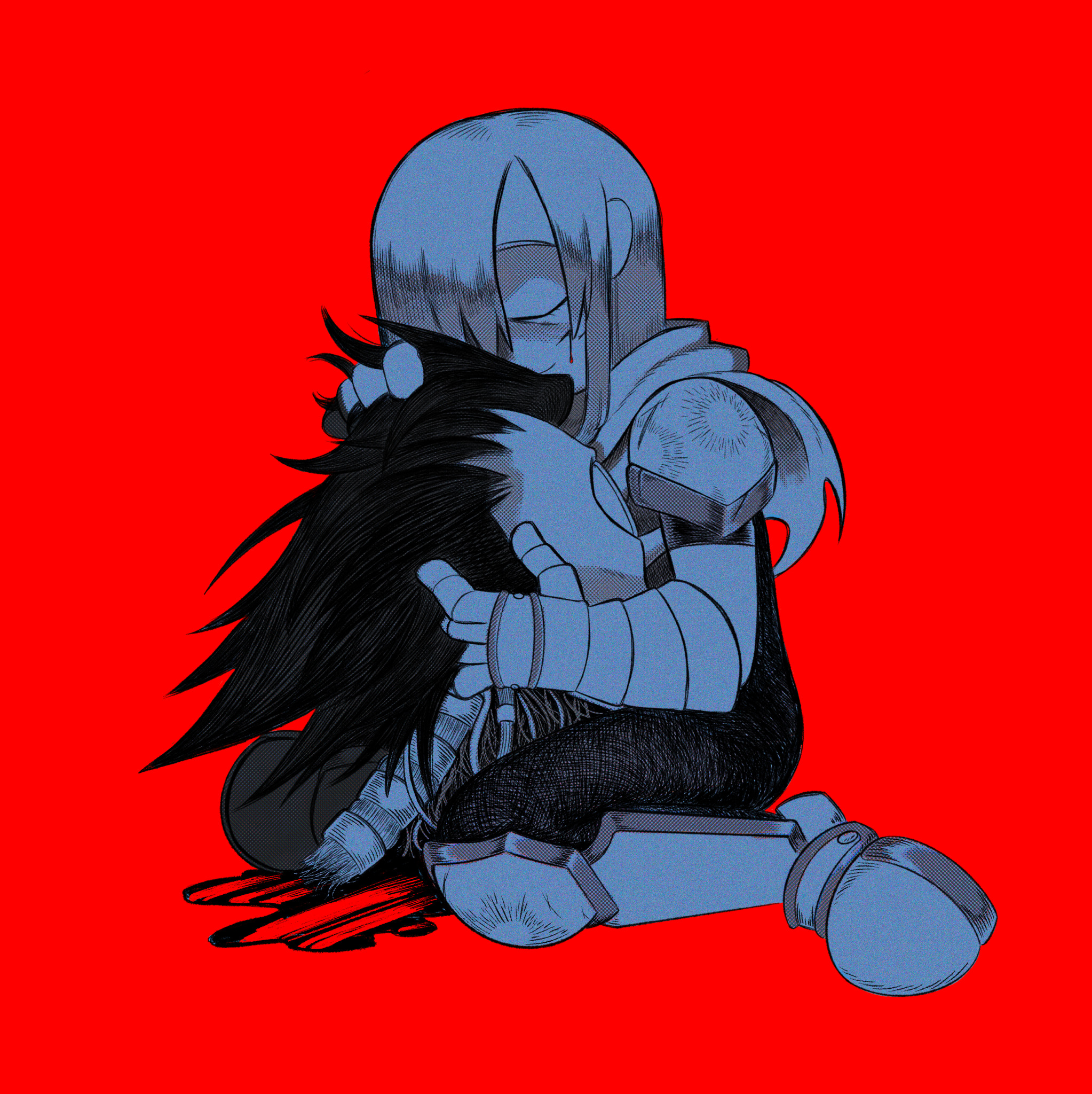 kris (dark world) (deltarune), kris (deltarune), spamton g. spamton, spamton neo, deltarune, utdr (toby fox), highres, 1boy, 1other, armor, beeeelzy, blood, blood on face, bodysuit, cable, cape, closed eyes, disembodied head, hand on another's head, holding detached head, injury, red background, short hair, simple background, smile, torn cape, torn clothes, wire