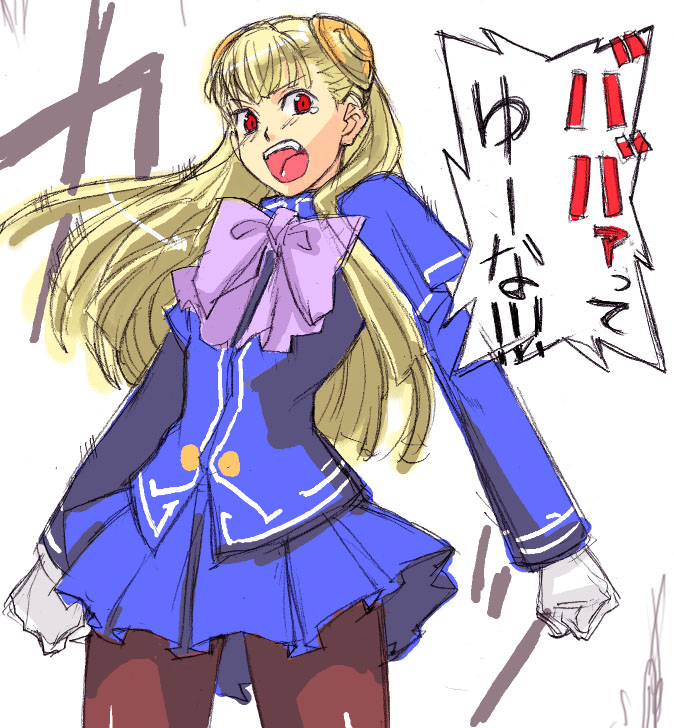 tetsu (kimuchi), ingrid (capcom), capcom, capcom fighting jam, translated, 1girl, blonde hair, female focus, hairpods, pantyhose, red eyes, sketch, solo, tears