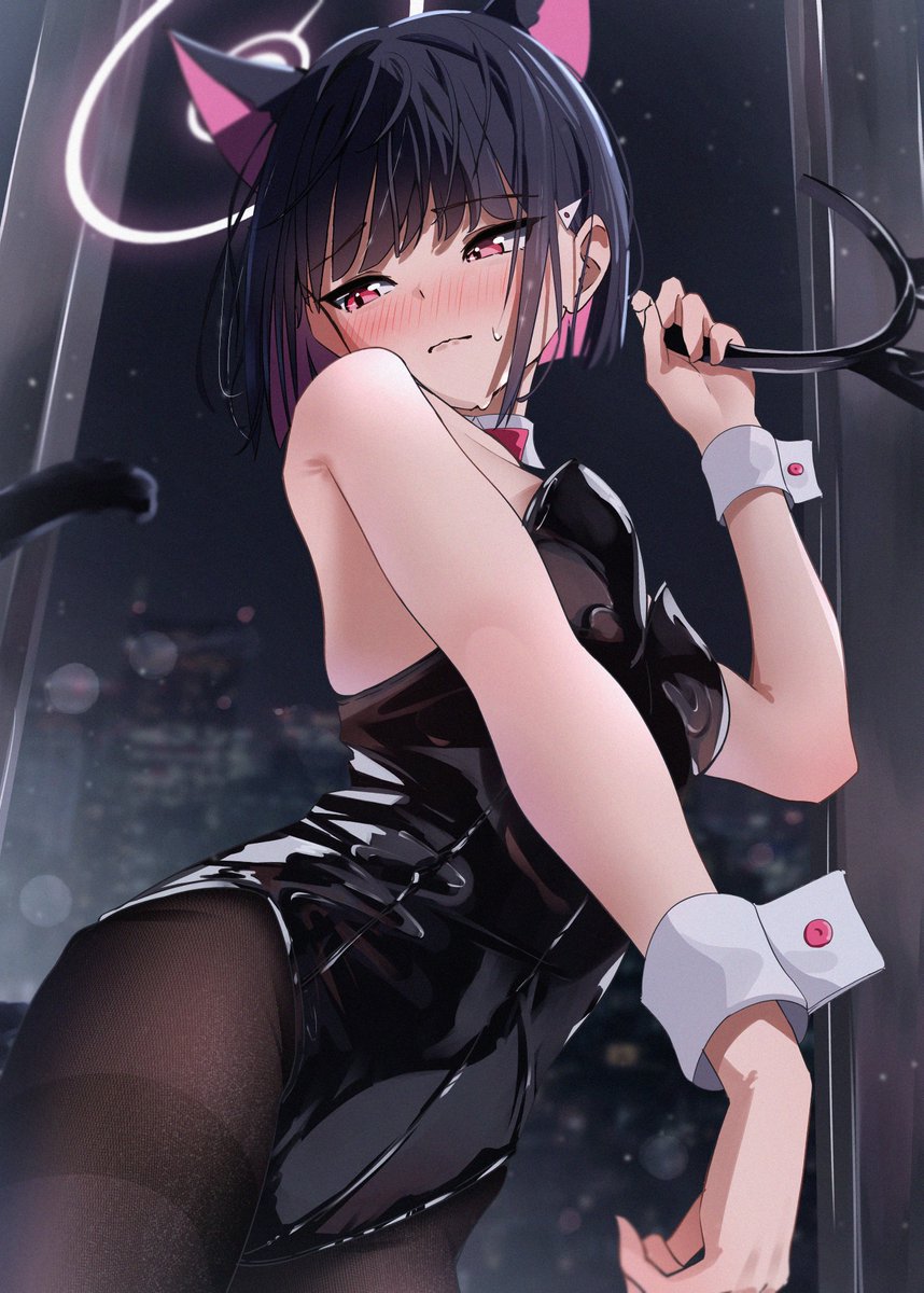 kazu (kauk3753), kazusa (blue archive), blue archive, highres, 1girl, alternate costume, animal ear hairband, animal ears, black hair, black leotard, blush, cat ears, cat girl, colored inner animal ears, colored inner hair, detached collar, embarrassed, extra ears, fake animal ears, hairband, halo, highleg, highleg leotard, leotard, looking to the side, multicolored hair, pantyhose, pink hair, pink halo, playboy bunny, rabbit ear hairband, rabbit ears, solo, strapless, strapless leotard, two-tone hair, white wrist cuffs, wrist cuffs