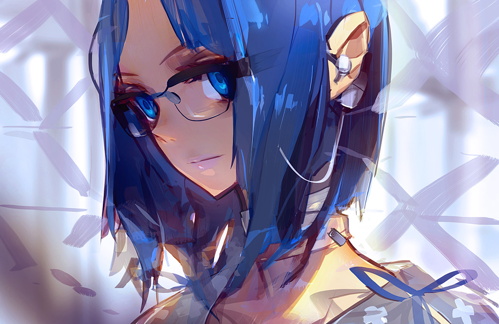 panamaman, blue eyes, blue hair, earpiece, glasses, ribbon, smile, solo