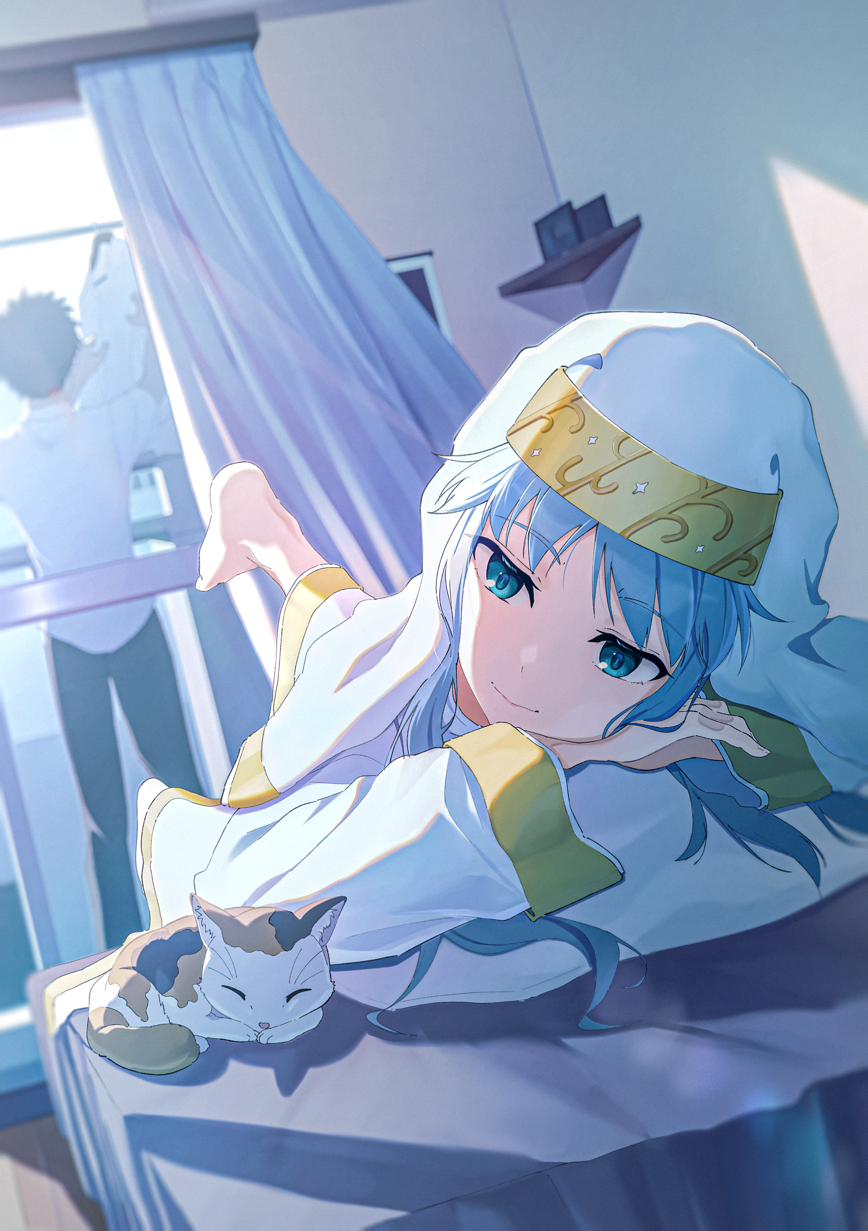 pension z, index (toaru majutsu no index), sphinx (toaru majutsu no index), toaru majutsu no index, absurdres, commentary request, highres, 1boy, 1girl, a certain high school uniform, balcony, barefoot, black hair, cat, clothes hanger, foot up, green eyes, grey hair, indoors, long hair, lying, nun, on stomach, robe, school uniform, short hair, smile, spiked hair, white robe, wimple