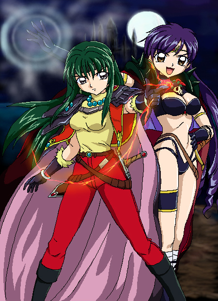 ankoku tiger, caren (mermaid melody pichi pichi pitch), lina inverse, naga the serpent, touin rina, mermaid melody pichi pichi pitch, slayers, non-web source, 2girls, boots, cosplay, knee boots, lina inverse (cosplay), multiple girls, naga the serpent (cosplay), oekaki, official style, parody