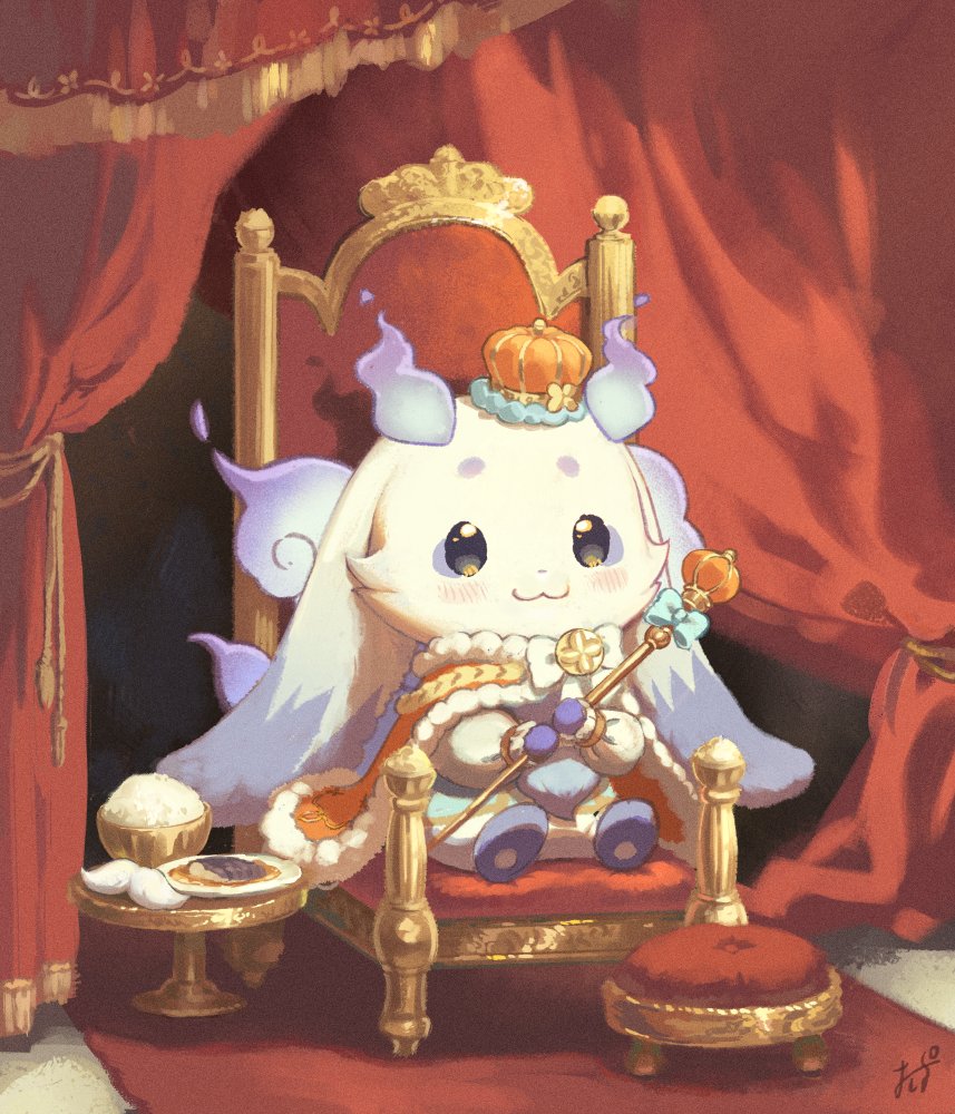 hitsuji oshipu, lunlun (nijisanji), nijisanji, commentary request, 1other, :3, blue bow, blue shirt, blush, bow, bowl, bowtie, cape, chair, chibikemo, closed mouth, crown, curtains, fake facial hair, fake mustache, food, footstool, fur-trimmed cape, fur trim, green eyes, holding, holding scepter, indoors, long sleeves, looking at viewer, lunlun (king) (nijisanji), mini crown, on chair, orange cape, orange crown, plate, puffy long sleeves, puffy sleeves, rice, rice bowl, scepter, shirt, sitting, smile, solo, table, virtual youtuber, white bow, white bowtie