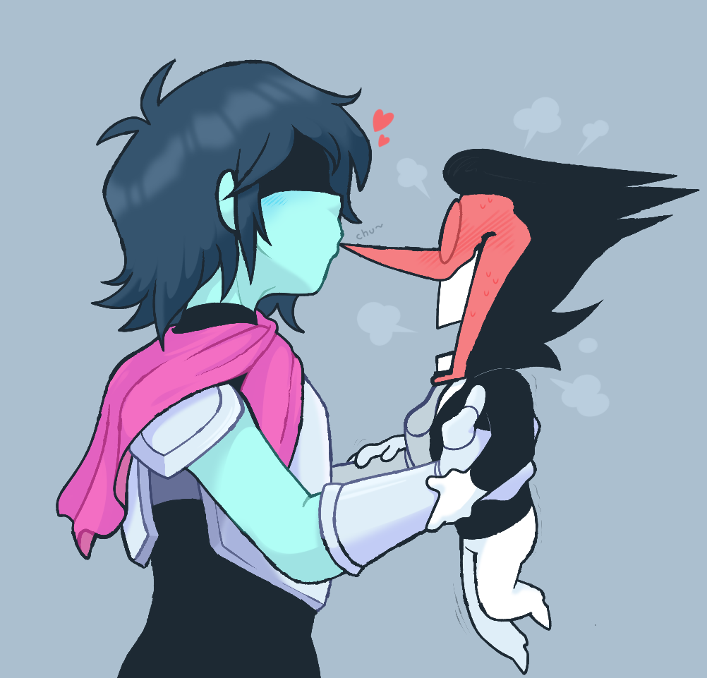 kris (dark world) (deltarune), kris (deltarune), spamton g. spamton, deltarune, utdr (toby fox), 1boy, 1other, armor, black bodysuit, black jacket, blue hair, blue skin, blush, bodysuit, cape, colored skin, full-face blush, gloves, heart, jacket, kiss, kissing nose, long nose, nucleartv, other with male, pants, partially shaded face, pink cape, pointy nose, short hair, simple background, size difference, teeth, white pants