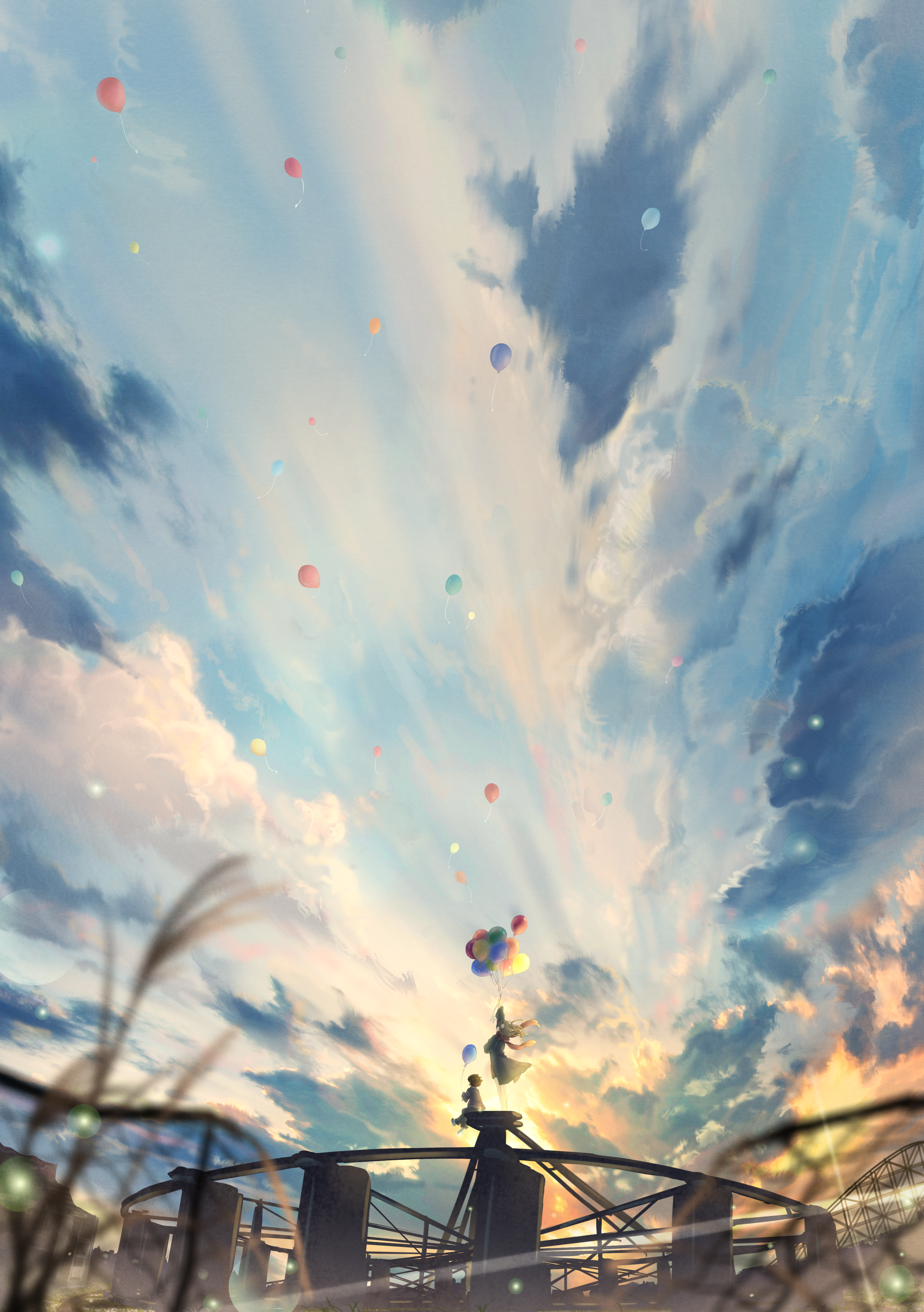 widea7, original, absurdres, highres, 1boy, 1girl, amusement park, arm up, backlighting, balloon, black coat, black jacket, blurry, blurry foreground, brown hair, cloud, cloudy sky, coat, day, depth of field, facing away, grass, hair ornament, holding, holding balloon, jacket, lens flare, light particles, light rays, long hair, looking afar, outdoors, pants, pom pom (clothes), pom pom hair ornament, red scarf, ruins, scarf, scenery, shirt, short hair, sitting, sky, standing, sunlight, white shirt, wide shot