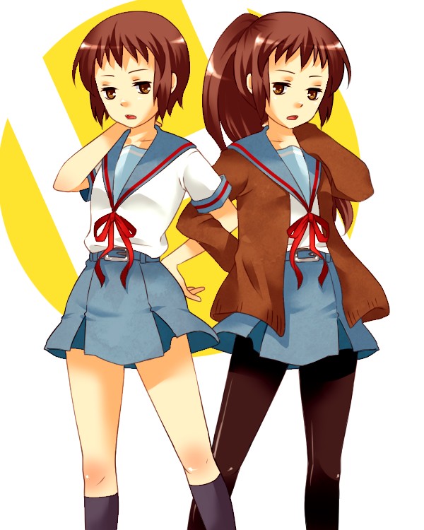 betobeto, kyon, kyonko, taniguchi (suzumiya haruhi), suzumiya haruhi no yuuutsu, bad id, bad pixiv id, gender request, 00s, 2girls, cardigan, dual persona, genderswap, kneehighs, multiple girls, pantyhose, ponytail, ribbon, school uniform, serafuku, skirt, socks
