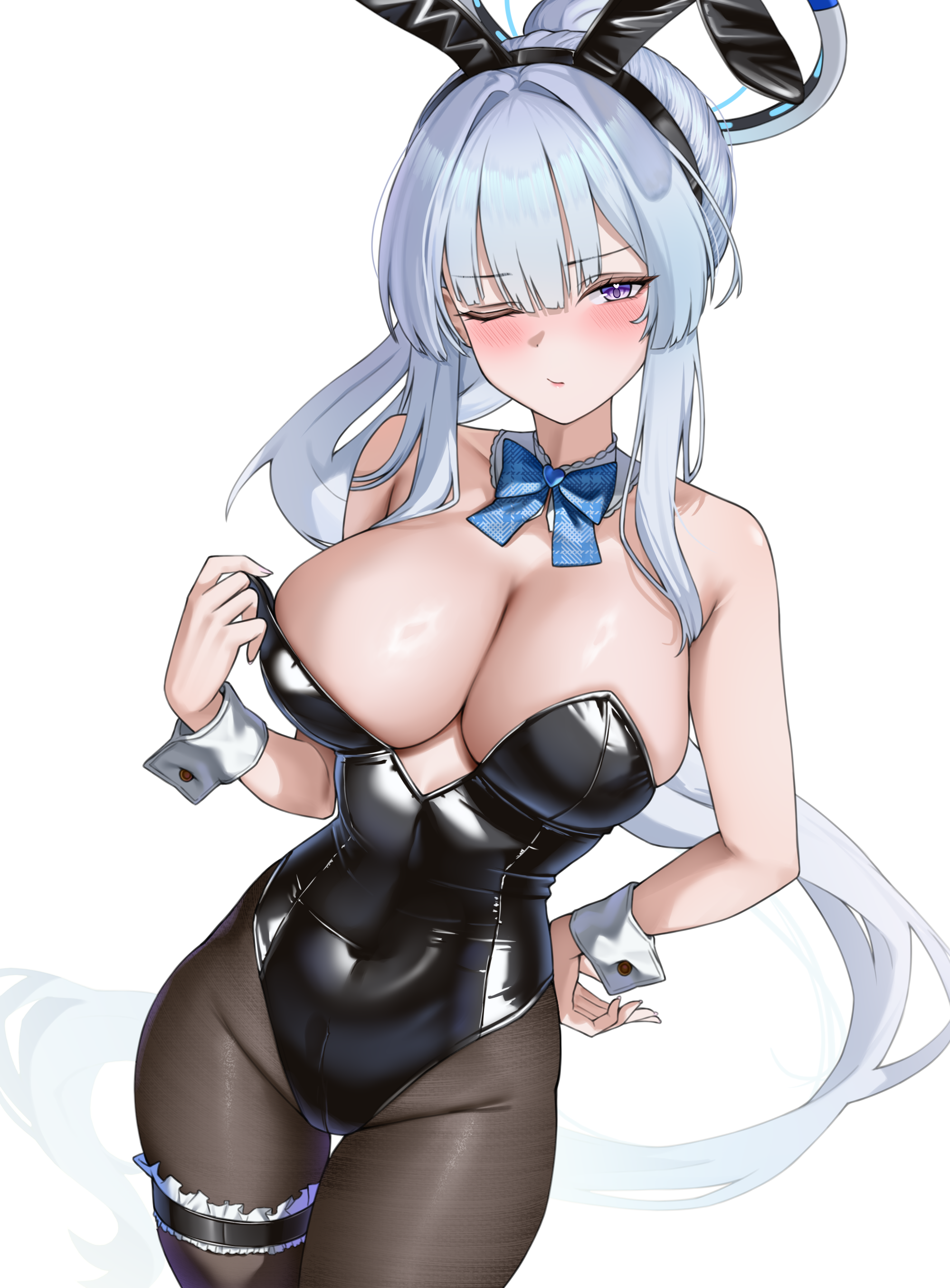 lanhua227, noa (blue archive), blue archive, absurdres, commentary, highres, 1girl, animal ears, bare arms, bare shoulders, black hairband, black leotard, blue bow, blue bowtie, blush, bow, bowtie, breasts, brown pantyhose, cleavage, closed mouth, collarbone, covered groin, covered navel, cowboy shot, detached collar, fake animal ears, frilled thigh strap, grey hair, hair between eyes, hairband, halo, hand on own hip, hand up, heart, heart in eye, high ponytail, highleg, highleg leotard, large breasts, leotard, long hair, looking at viewer, mechanical halo, one eye closed, pantyhose, plaid bow, plaid bowtie, plaid clothes, playboy bunny, ponytail, purple eyes, rabbit ears, sidelocks, simple background, solo, standing, strapless, strapless leotard, symbol in eye, thigh strap, very long hair, white background, white halo, wrist cuffs