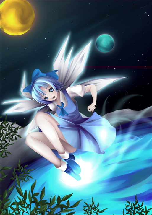 cirno, embodiment of scarlet devil, touhou, silver hair, 1girl, :d, blue dress, blue hair, crystal, dress, female focus, flying, ice, ice wings, looking at viewer, open mouth, pond, puffy short sleeves, puffy sleeves, short sleeves, smile, solo, surreal, water, wings