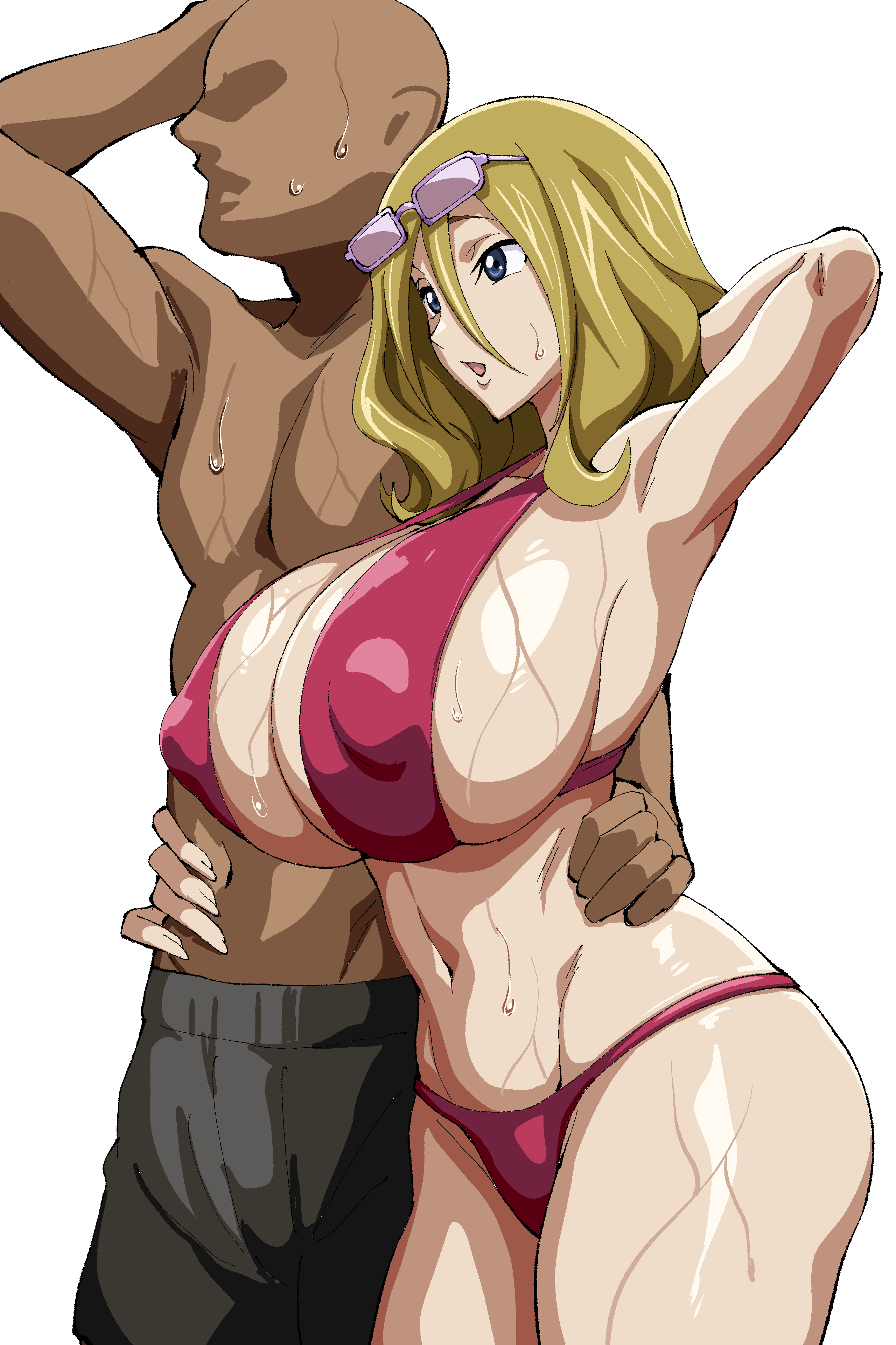 iwao178, milly ashford, code geass, absurdres, highres, 1boy, 1girl, armpits, bikini, blonde hair, blue eyes, breasts, covered erect nipples, eyewear on head, faceless, faceless male, hands on another's hips, huge breasts, medium hair, open mouth, red bikini, sunglasses, sweat, swimsuit