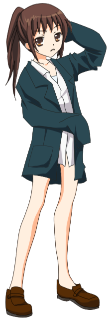 kyon, kyonko, suzumiya haruhi no yuuutsu, gender request, large variant set, non-web source, variant set, 00s, 1girl, blouse, bottomless, brown shoes, crossdressing, crossdressing (ftm), female focus, full body, genderswap, ponytail, school uniform, serafuku, shirt, shoes, simple background, solo, standing, white background, white shirt
