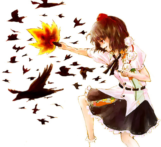 shippori, shishou, shameimaru aya, touhou, looking away, 1girl, animal, bird, black skirt, crow, female focus, flying, from side, hand fan, hat, holding, leaf, open mouth, profile, puffy short sleeves, puffy sleeves, shirt, short sleeves, simple background, skirt, smile, smirk, solo, standing, tokin hat, white background, white shirt