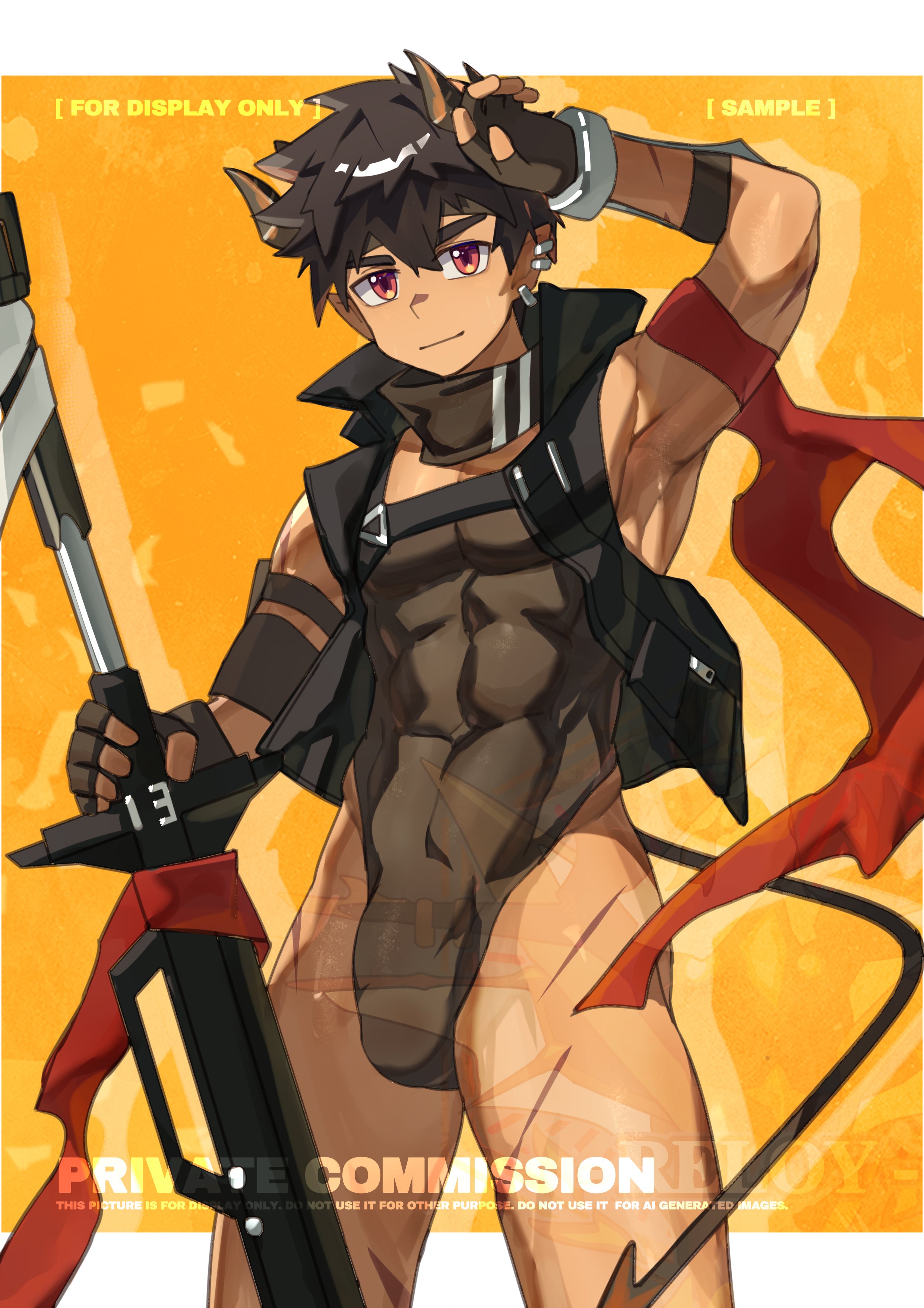 odda (arknights), arknights, absurdres, highres, arm up, armband, black bodysuit, black gloves, black hair, black tank top, bodysuit, demon boy, demon horns, demon tail, fingerless gloves, gloves, holding, holding weapon, horns, male focus, muscular, muscular male, pointy ears, red armband, red eyes, simple background, sleeveless, smile, tail, tank top, toned, toned male, watermark, weapon