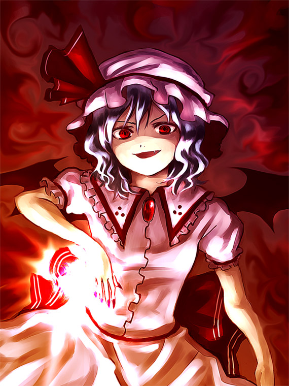 shippori, shishou, remilia scarlet, touhou, 1girl, dress, female focus, gradient background, hat, looking at viewer, solo, wings