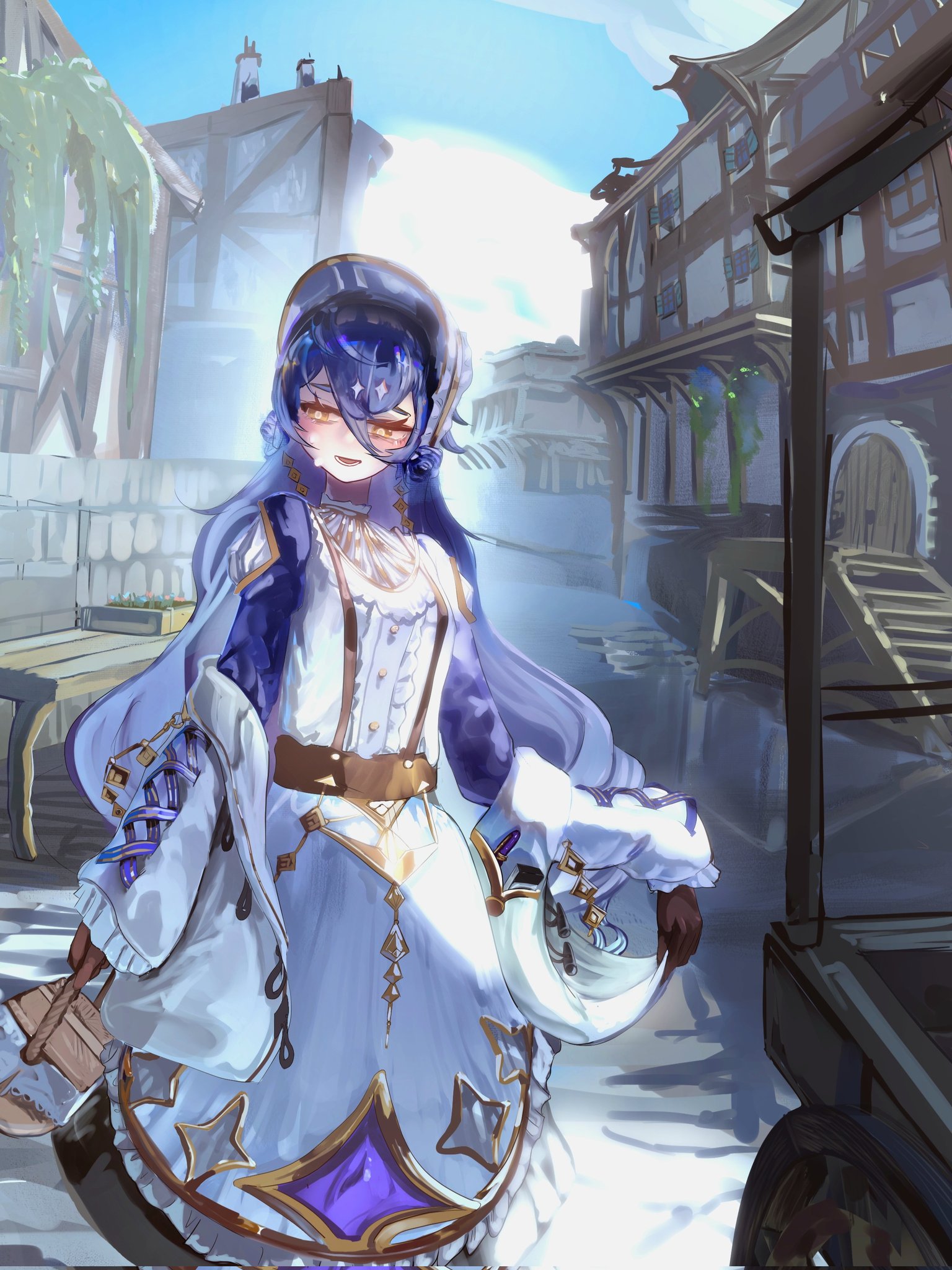 layla (genshin impact), genshin impact, highres, black gloves, blue hair, building, door, dress, eyes visible through hair, flower, gloves, jacket, looking at another, looking back, mondstadt city, open clothes, open jacket, open mouth, sky, table, uwaaatsutsuaa, water, white dress, yellow eyes
