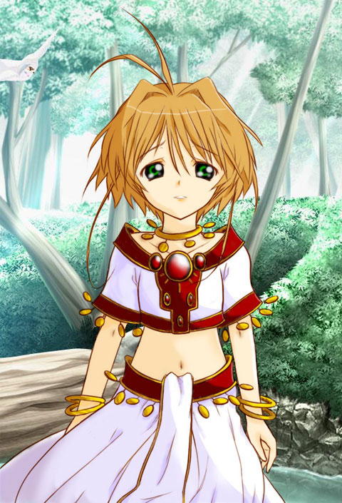 sakura hime, tsubasa chronicle, non-web source, 00s, 1girl, antenna hair, blonde hair, bracelet, brooch, crop top, day, female focus, forest, gem, green eyes, jewelry, looking at viewer, midriff, nature, navel, necklace, outdoors, plant, river, shore, short hair, short sleeves, skirt, solo, stomach, tree, white skirt