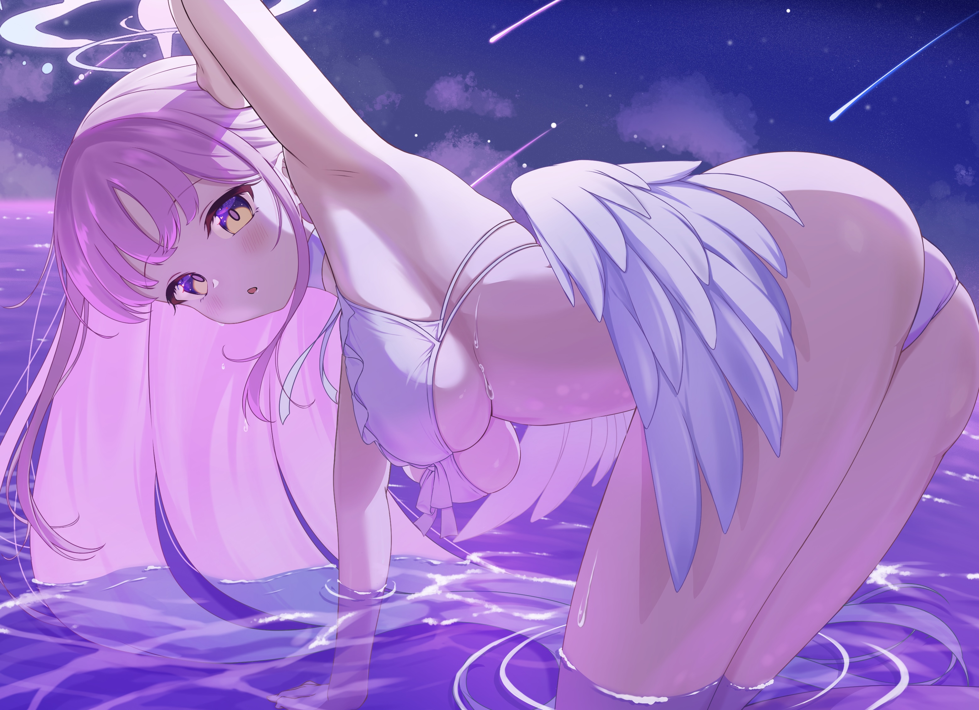 panda 90321, mika (blue archive), mika (swimsuit) (blue archive), blue archive, highres, 1girl, angel wings, arm up, armpits, beach, bikini, breasts, feathered wings, frilled bikini, frills, halo, large breasts, long hair, looking at viewer, looking back, low wings, night, night sky, official alternate costume, official alternate hairstyle, open mouth, pink hair, pink halo, sky, solo, swimsuit, very long hair, water, wet, white wings, wings, yellow eyes