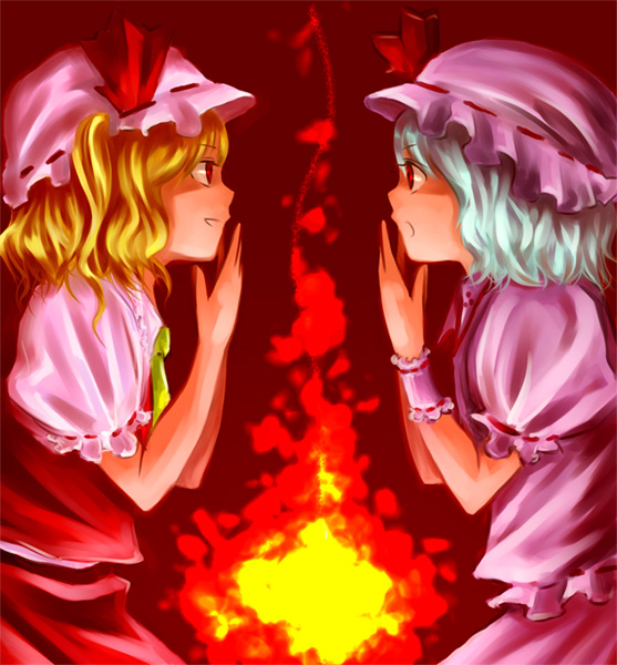 shippori, shishou, flandre scarlet, remilia scarlet, touhou, 2girls, female focus, multiple girls, short hair, siblings, sisters