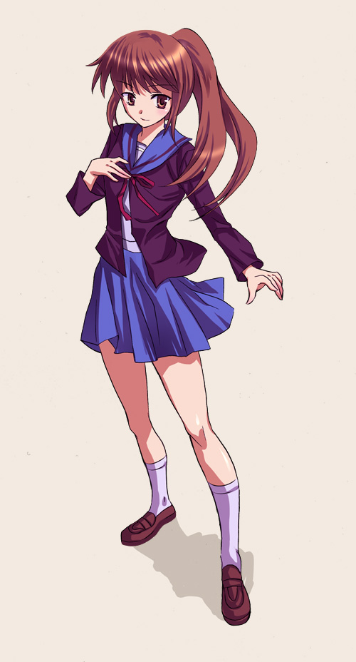 kyon, kyonko, suzumiya haruhi no yuuutsu, gender request, non-web source, 00s, 1girl, cardigan, female focus, full body, genderswap, ponytail, school uniform, serafuku, simple background, solo