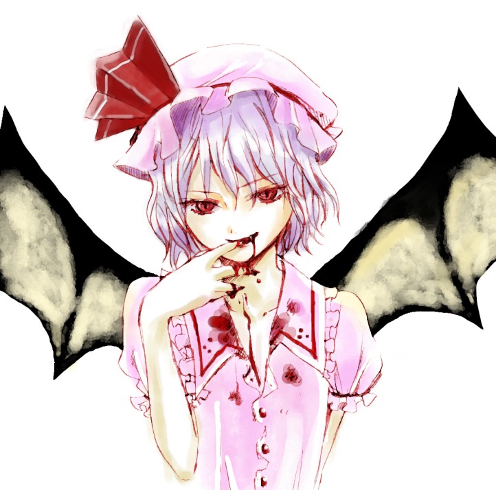 shippori, shishou, remilia scarlet, touhou, 1girl, bat wings, blood, blood from mouth, collar, evil smile, female focus, finger to mouth, frills, head tilt, looking at viewer, puffy short sleeves, puffy sleeves, red eyes, short sleeves, simple background, smile, solo, tasting, vampire, white background, wings