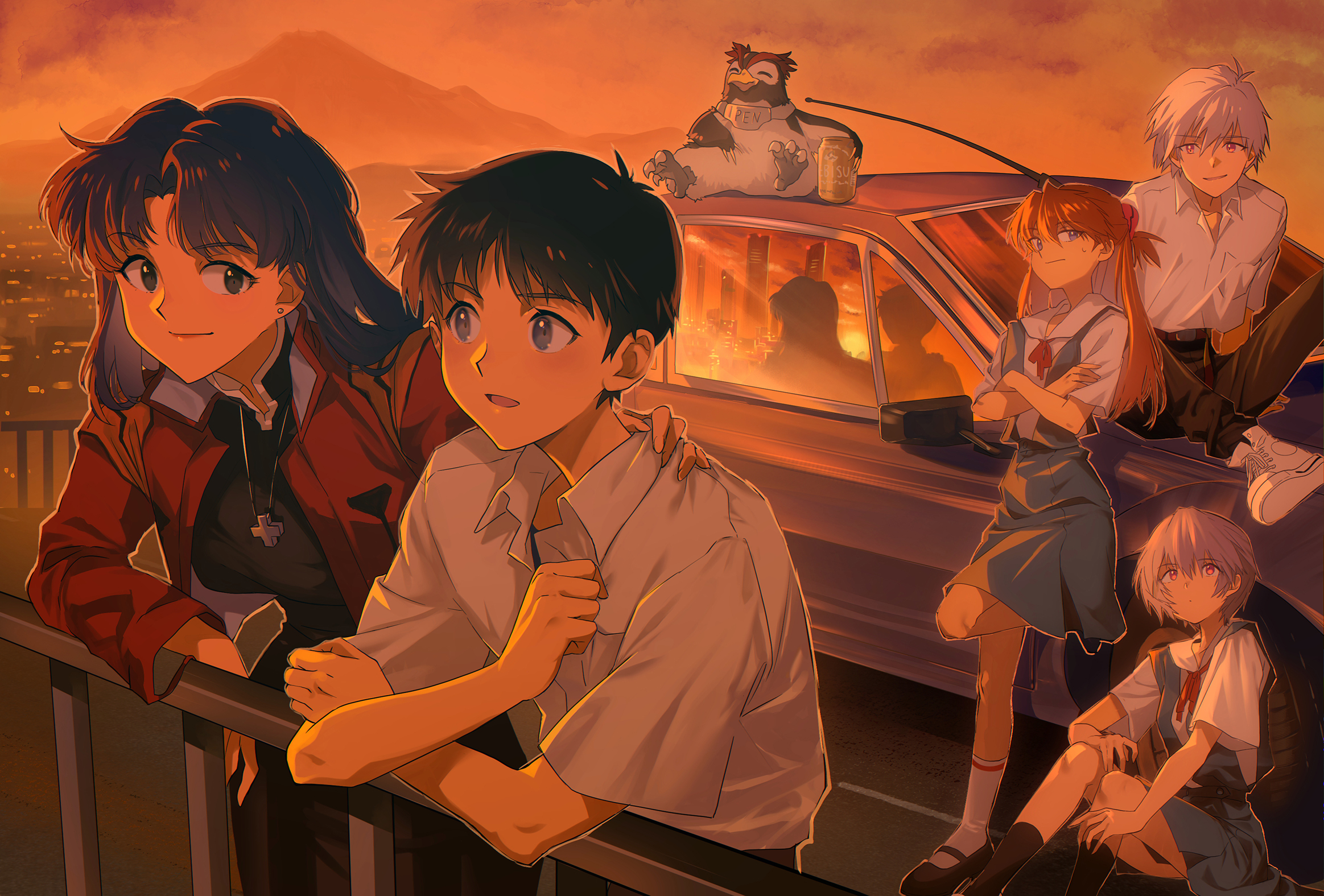 goku-chan, ayanami rei, ikari shinji, katsuragi misato, nagisa kaworu, penpen, souryuu asuka langley, neon genesis evangelion, highres, 1other, 2boys, 3girls, against railing, black eyes, black hair, black pants, black shoes, blue eyes, can, car, crossed arms, ear piercing, grey hair, hand on another's shoulder, jacket, jewelry, leg up, long hair, motor vehicle, multiple boys, multiple girls, necklace, orange hair, outdoors, pants, piercing, pink eyes, railing, red jacket, shirt, shoes, short hair, sitting, slice of life, smile, socks, sunset, t-shirt, white shirt, white shoes, white socks