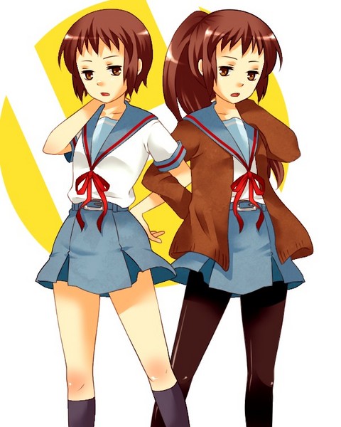 betobeto, kyon, kyonko, suzumiya haruhi no yuuutsu, cardigan, genderswap, pantyhose, ponytail, school uniform