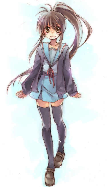 6land, shima (6land), kyon, kyonko, suzumiya haruhi no yuuutsu, 00s, 1girl, black thighhighs, brown shoes, cardigan, female focus, genderswap, genderswap (mtf), long sleeves, ponytail, school uniform, serafuku, shoes, solo, thighhighs, zettai ryouiki