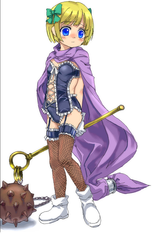 hero's daughter (dq5), dragon quest, dragon quest v, square enix, 1girl, cape, female focus, fishnet thighhighs, fishnets, flat chest, garter belt, garter straps, lingerie, loli, mace, open clothes, open shirt, ribbon, shirt, solo, thighhighs, underwear, weapon