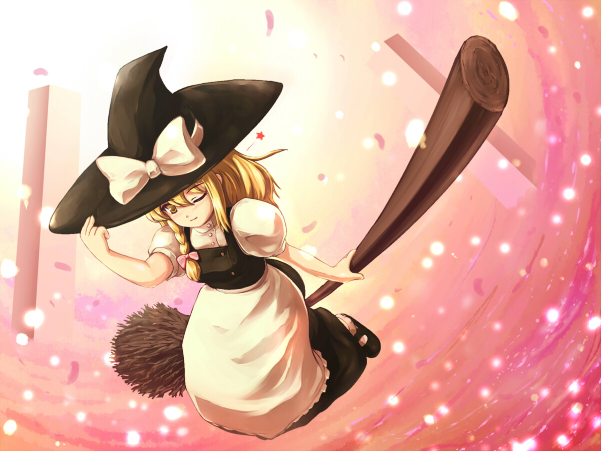 tdk, kirisame marisa, touhou, bad id, bad pixiv id, 1girl, blonde hair, braid, broom, broom riding, female focus, hand on headwear, hat, light particles, one eye closed, sidesaddle, solo, star (symbol), wink, witch, witch hat, yellow eyes
