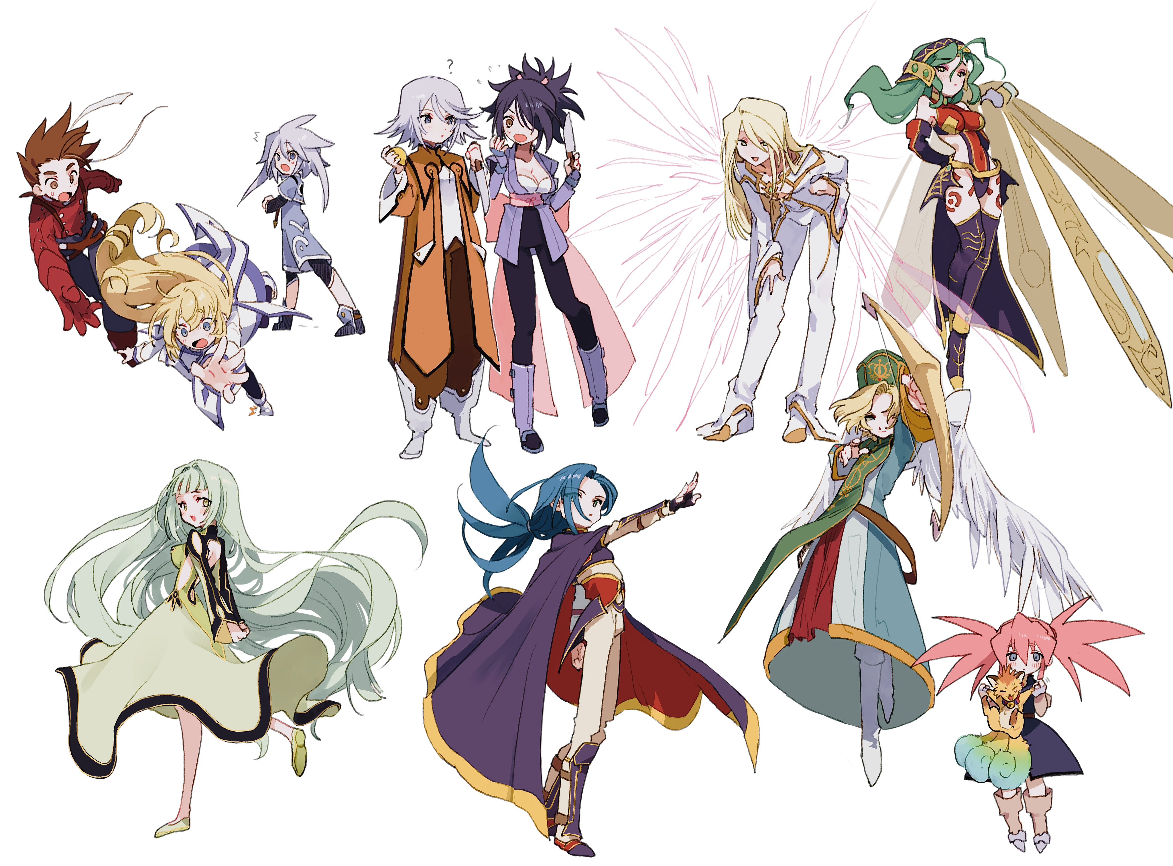 nancykittyu, colette brunel, corrine, fujibayashi sheena, genius sage, lloyd irving, martel (tales), mithos yggdrasill, presea combatir, raine sage, yuan (tales), tales of (series), tales of symphonia, absurdres, highres, ?, angel wings, animal, ankle boots, armor, arms behind back, back bow, belt, bent over, black dress, black hair, black leggings, black pants, black shirt, black trim, blonde hair, blue cloak, blue eyes, blue hair, blue jacket, blue shoes, blue shorts, blue trim, blunt bangs, bodysuit, boots, bow, breastplate, brown belt, brown eyes, brown hair, chest jewel, cleavage cutout, clenched hand, cloak, clothing cutout, coat, curtained hair, detached sleeves, detached wings, dress, elbow gloves, eyeshadow, falling, fingerless gloves, firing, floating hair, fox, gauntlets, gloves, gold choker, gold trim, green dress, green eyes, green hair, green robe, green shoes, grey boots, grey gloves, hair intakes, hair ornament, hair over one eye, hands on own knees, hat, high ponytail, holding, holding animal, holding knife, jacket, japanese clothes, kimono, knife, leggings, leotard, light blush, long bangs, long hair, long sleeves, looking at animal, looking at viewer, looking back, low ponytail, makeup, mitre, motoyui, open mouth, orange coat, orange pants, pants, parted hair, pink bow, pink hair, pink ribbon, pink sash, ponytail, priest, pronyma (tales), purple boots, purple eyeshadow, purple kimono, purple sleeves, purple trim, reaching, reaching towards another, red boots, red gloves, red leotard, red shirt, remiel (tales), ribbon, robe, sash, scarf, shirt, shoes, shorts, sidelocks, simple background, sleeveless, sleeveless dress, smile, spiked hair, surprised, suspenders, swept bangs, thighhighs, twintails, undershirt, wavy hair, white background, white bodysuit, white boots, white dress, white hair, white jacket, white pants, white scarf, white shirt, white shoes, white trim, wide sleeves, wings, yellow eyes, yellow trim