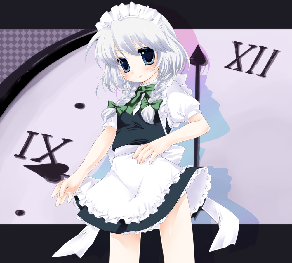 sakurai yuyu, izayoi sakuya, touhou, bad id, bad pixiv id, 1girl, blue eyes, braid, clock, dress, female focus, maid, solo, twin braids