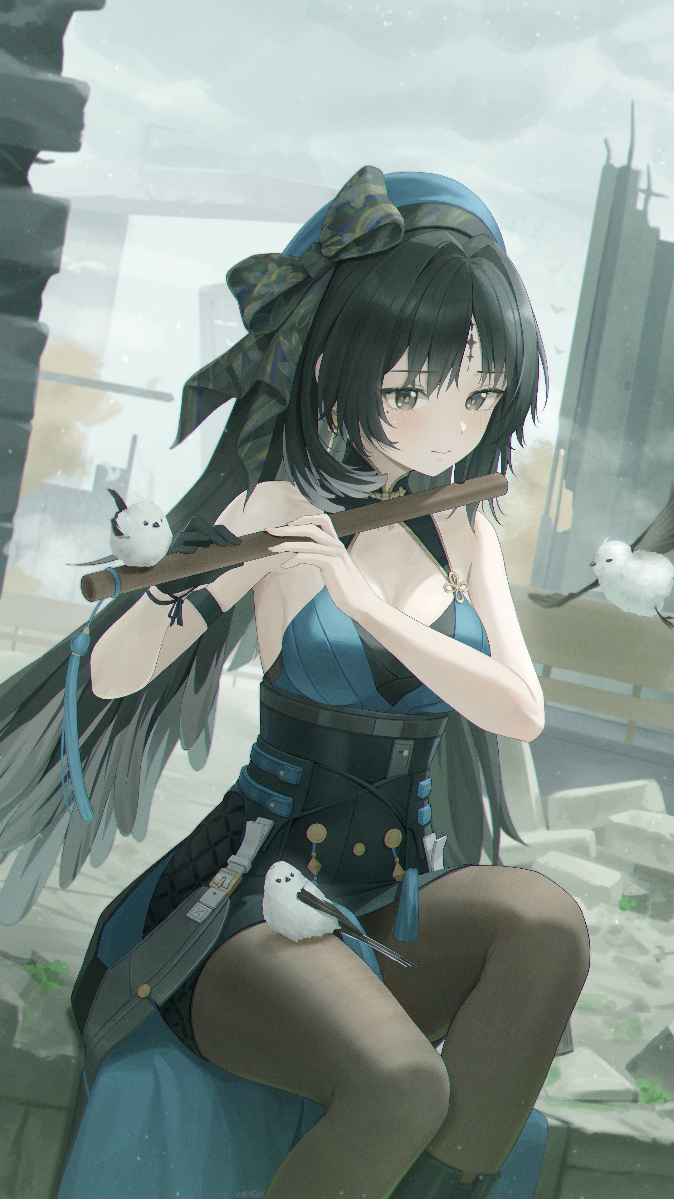mrotan, yangyang (wuthering waves), wuthering waves, absurdres, commentary request, highres, partial commentary, 1girl, bare shoulders, beret, black bow, black collar, black eyes, black gloves, black hair, black pantyhose, blue hat, blue shirt, bow, breasts, cleavage, closed mouth, collar, feather hair, feet out of frame, flute, gloves, hat, hat bow, high-waist skirt, holding, holding flute, holding instrument, instrument, medium breasts, mole, mole under eye, muted color, outdoors, pantyhose, parted bangs, shirt, single glove, sitting, skirt, solo, tacet mark (wuthering waves)