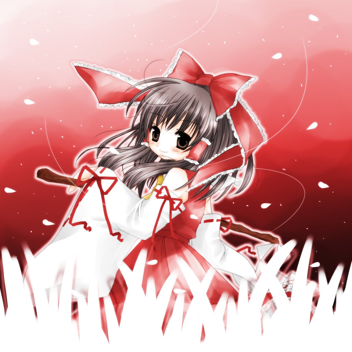 sakurai yuyu, hakurei reimu, touhou, bad id, bad pixiv id, highres, 1girl, brown eyes, brown hair, detached sleeves, female focus, gradient background, japanese clothes, miko, nature, plant, solo