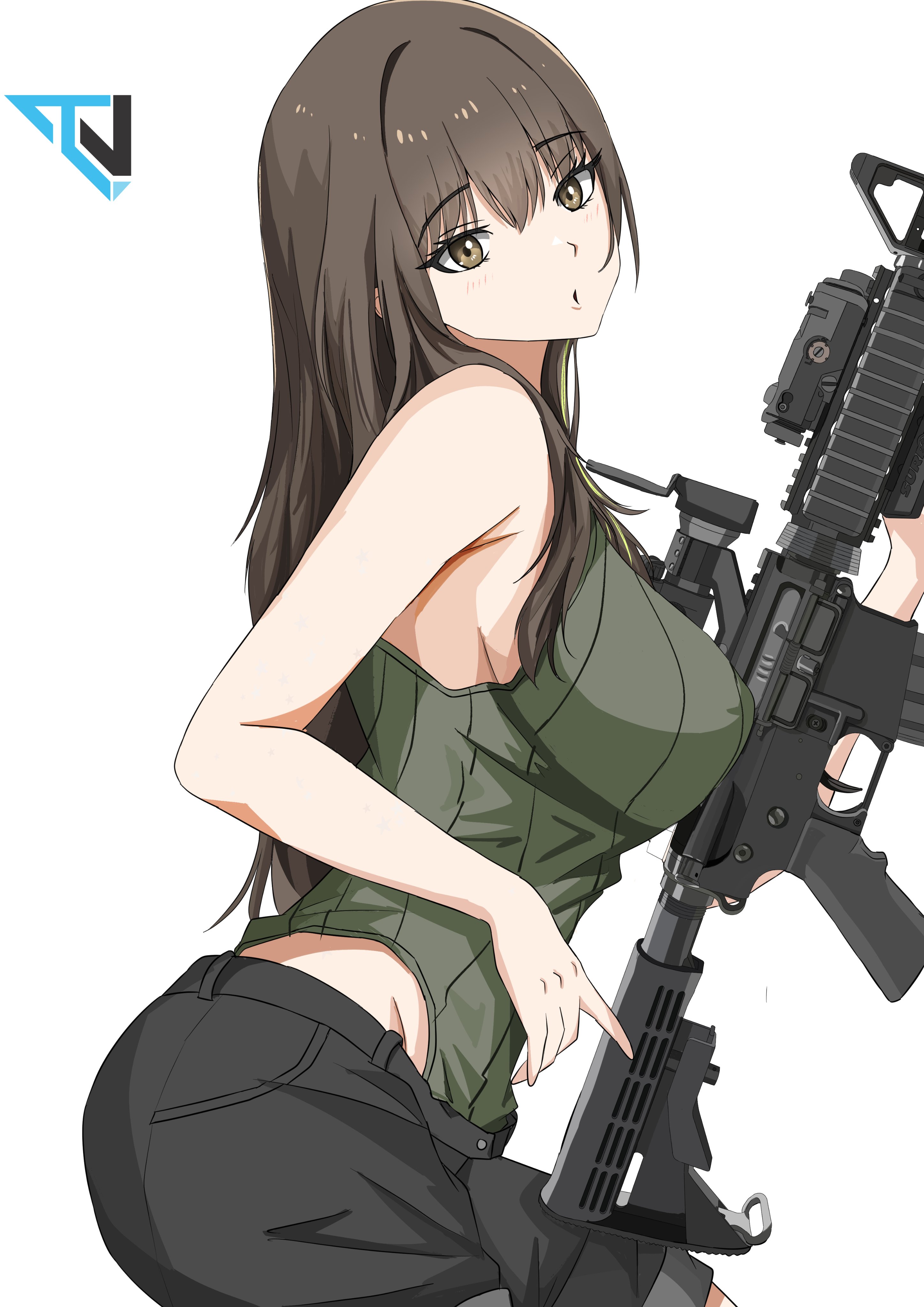 kuro ten7, m4a1 (girls' frontline), girls' frontline, absurdres, commentary, english commentary, highres, 1girl, assault rifle, black shorts, breasts, brown eyes, brown hair, cowboy shot, from side, green hair, grey background, gun, holding, holding gun, holding weapon, large breasts, long hair, looking at viewer, looking to the side, m4 carbine, multicolored hair, parted lips, rifle, shorts, simple background, solo, streaked hair, two-tone hair, weapon