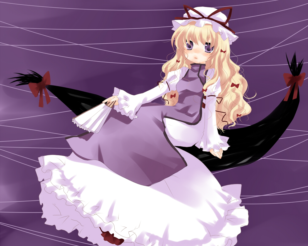 sakurai yuyu, yakumo yukari, touhou, bad id, bad pixiv id, 1girl, blonde hair, blush, dress, female focus, frills, gap (touhou), hat, long hair, long sleeves, looking at viewer, mob cap, purple eyes, sitting, solo, tabard, very long hair, wavy hair, white dress