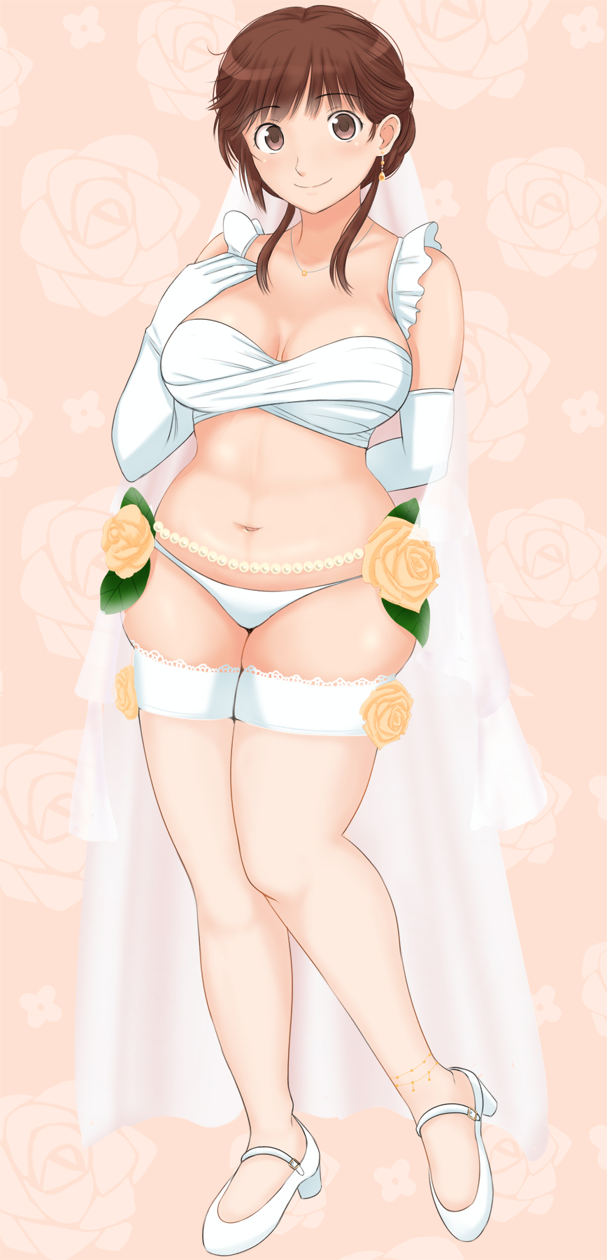 takemi kaoru, sakurai rihoko, amagami, commentary, highres, 1girl, alternate body size, belly, belly chain, bikini, breasts, bridal bikini, bridal lingerie, bridal swimsuit, brown background, brown eyes, brown hair, closed mouth, earrings, elbow gloves, floating earrings, flower, flower bikini, frilled bikini, frills, full body, gloves, jewelry, large breasts, lingerie, looking at viewer, navel, official alternate costume, plump, rose, shoes, short hair with long locks, solo, standing, stomach, swimsuit, tachi-e, thighhighs, underwear, white bikini, white flower, white gloves, white rose, white shoes, white thighhighs