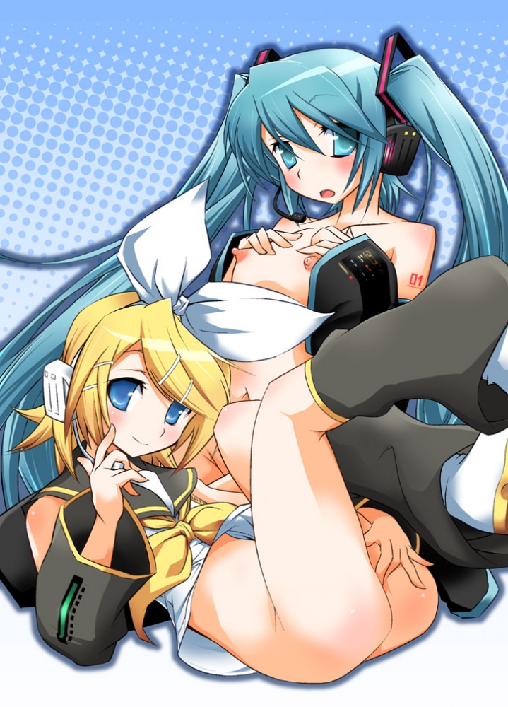 hermmy, hatsune miku, kagamine rin, vocaloid, tagme, 2girls, blonde hair, blue eyes, blue hair, blush, bottomless, breasts, detached sleeves, fingering, flat chest, loli, looking at viewer, lying, masturbation, multiple girls, nude, open mouth, sitting, small breasts, smile