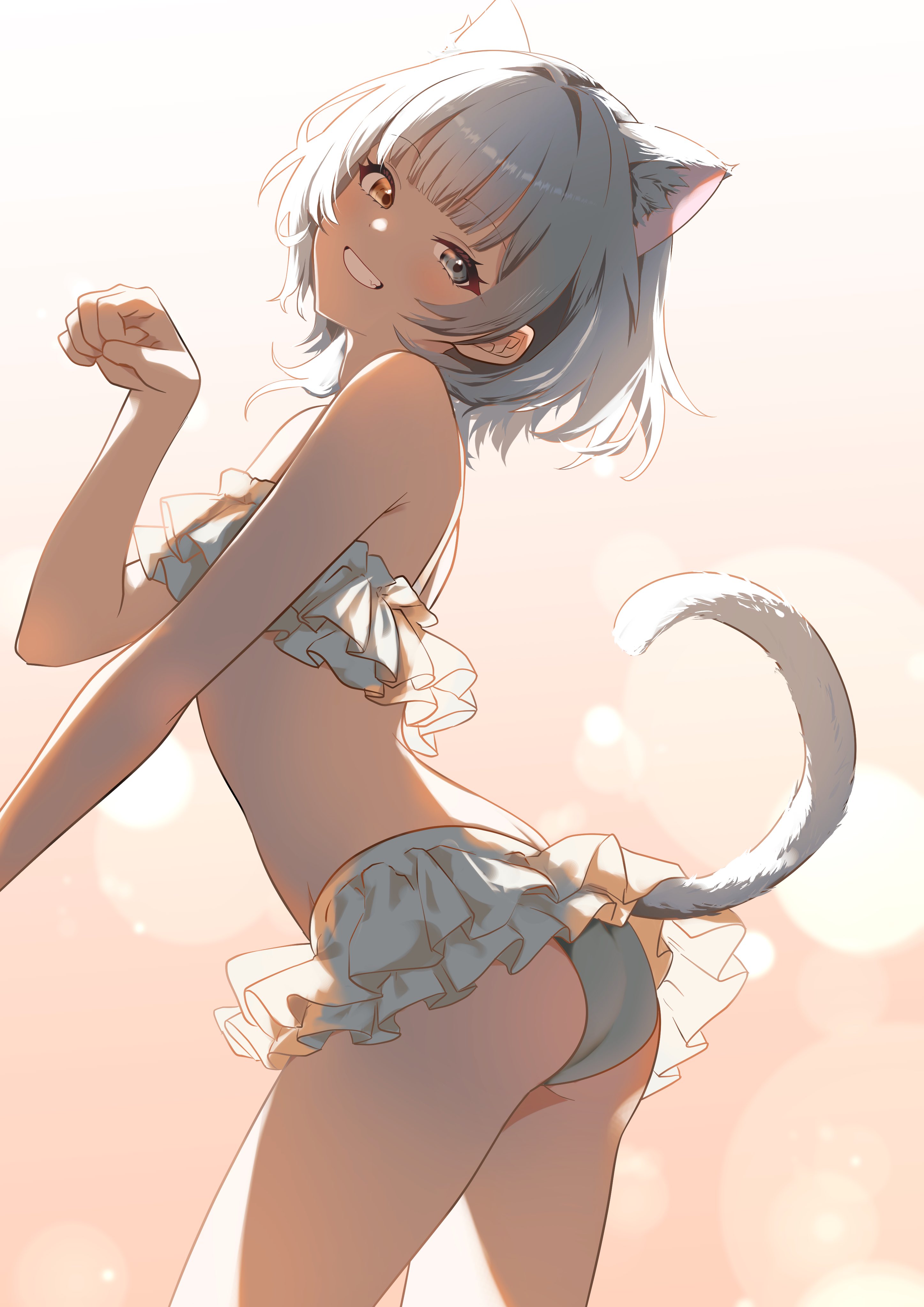 houji tea latte, kaname raana, bang dream!, bang dream! it's mygo!!!!!, absurdres, commentary, highres, 1girl, animal ears, ass, bikini, blue eyes, cat ears, cat girl, cat tail, frilled bikini, frills, heterochromia, kemonomimi mode, looking at viewer, open mouth, paw pose, raana the cat, solo, swimsuit, tail, white bikini, yellow eyes